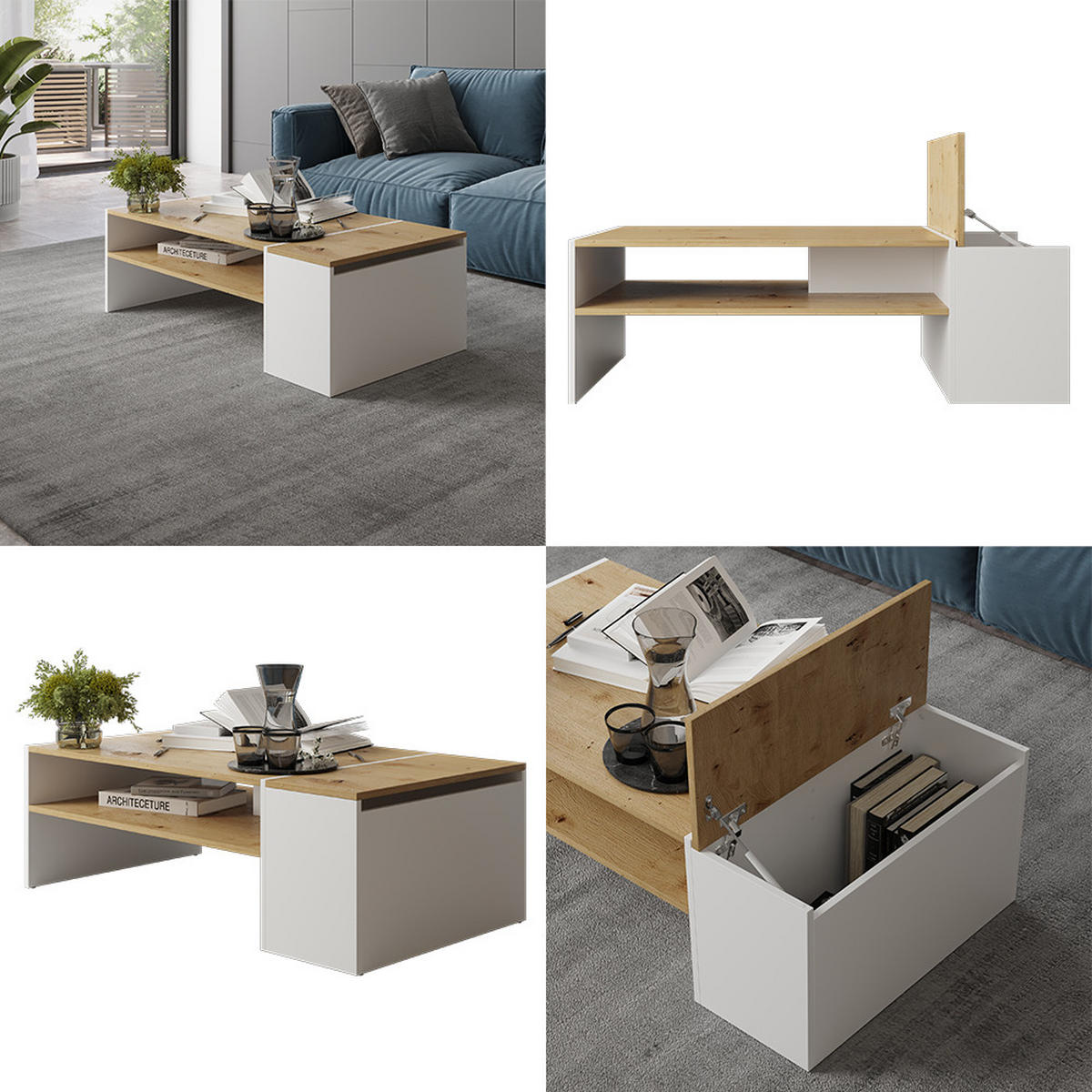COUCHTISCH Rubby Artisan Eiche/Weiß 110 x 60 cm - Eiche Artisan/Weiß, Holzwerkstoff (60/110/36cm) - Vicco