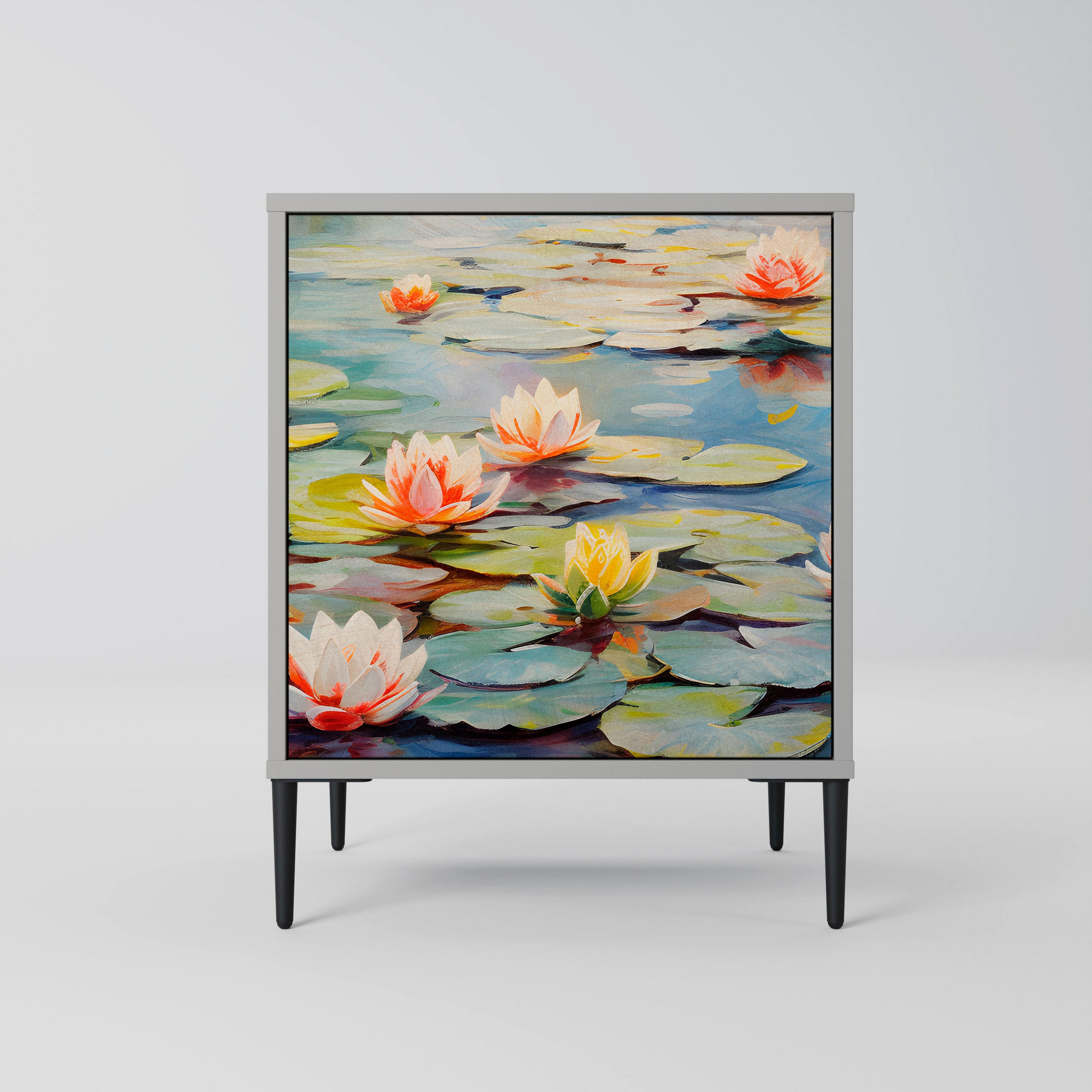 SIDEBOARD BLOOMING WATERS, Grau, 57,5x42x72,5 cm, Schwarze Metallfüße - Multicolor/Schwarz, Holzwerkstoff/Metall (57.5/72.5/42cm) - SpaceRebels