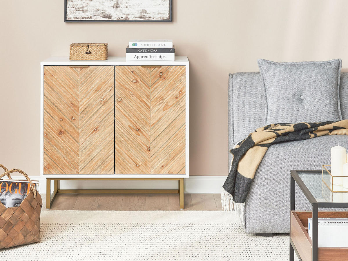 SIDEBOARD Weiß Alaska - Hellbraun/Goldfarben, Holzwerkstoff (80/80/40cm) - Beliani