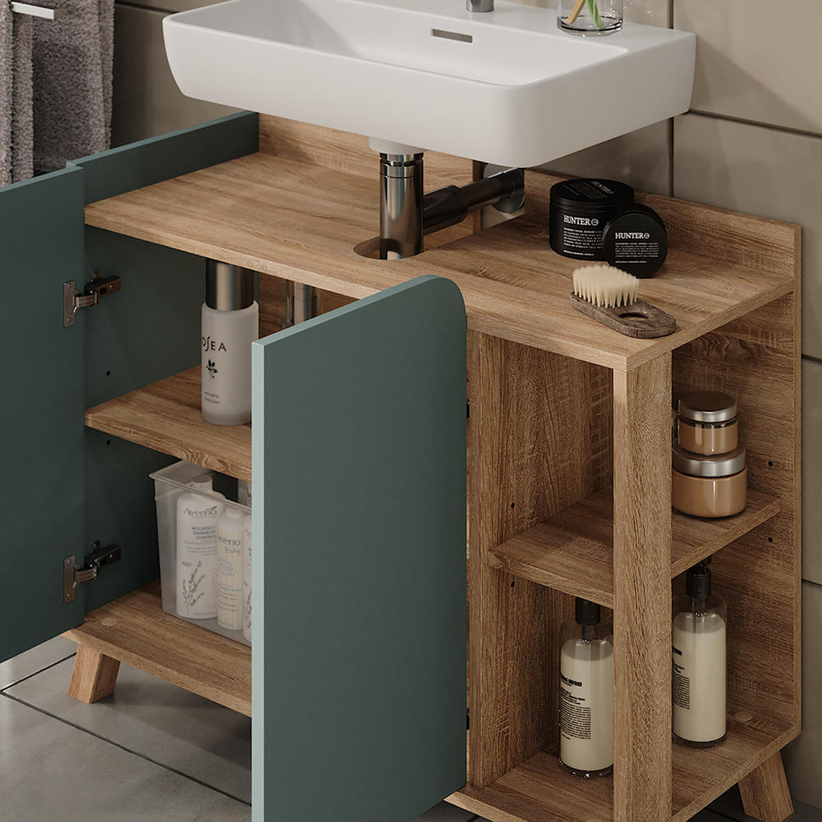 WASCHBECKENUNTERSCHRANK Karen Sonoma/Blau 80 x 65 cm mit 2 Türen - Dunkelblau/Sonoma Eiche, Holzwerkstoff (80/65/35cm) - Vicco