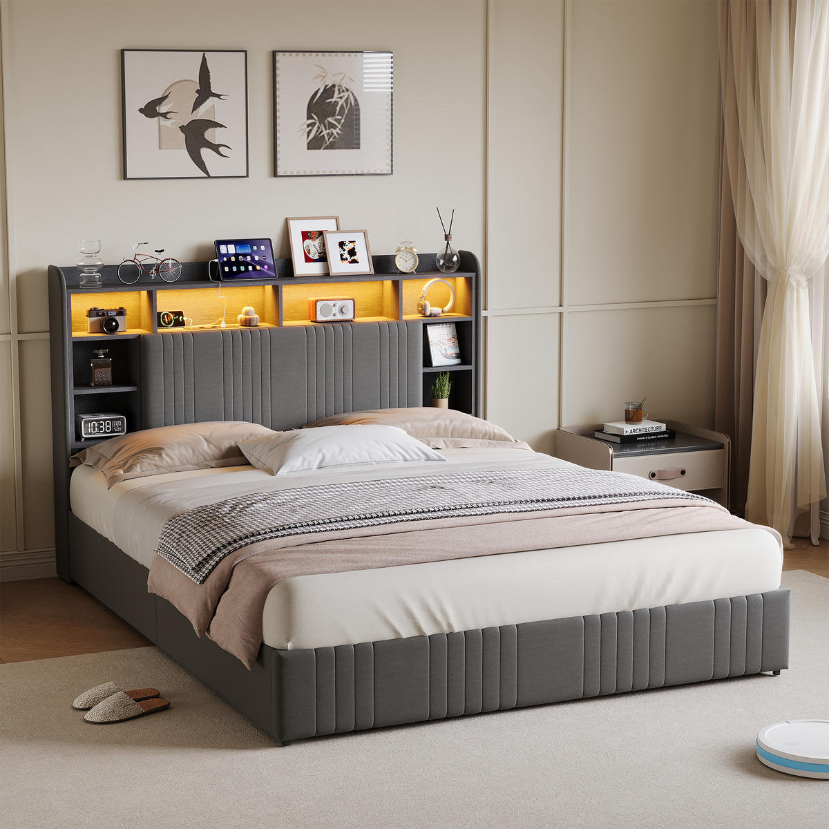 POLSTERBETT 160x200 cm LED USB 4 Schubladen Stauraum Kopfteil Leinen grau - Grau, Holz (160/200cm) - LEBENLANG