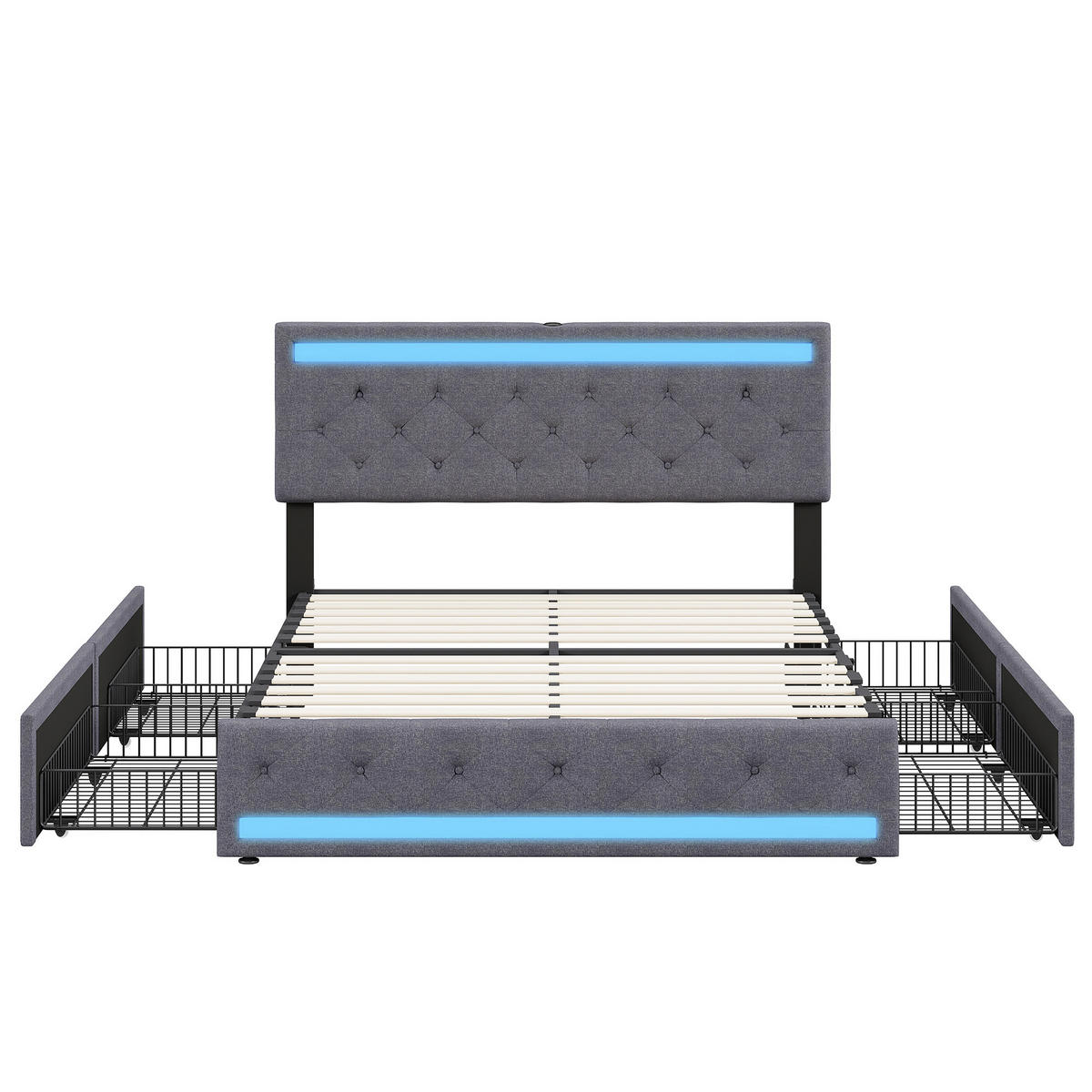 POLSTERBETT 140x190 cm mit RGB-LED-Beleuchtung, USB-Ladestation und 4 Schubladen, Dunkelgrau - Grau, Textil (140/190cm) - DELFA