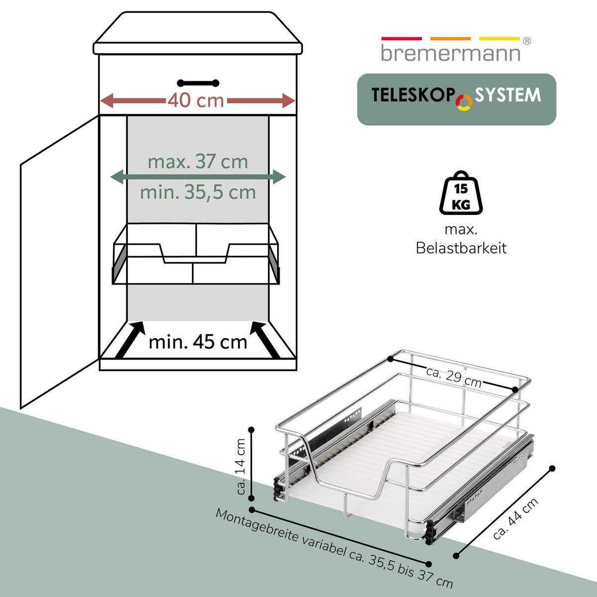 TELESKOPSCHUBLADE 40 cm, silber, Metall - Chromfarben, Metall (37/14/44cm) - bremermann