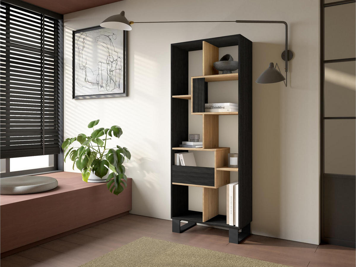 REGAL Bibliothek, Schwarz und Eiche, 67/31/174cm - Eichefarben/Schwarz, Holzwerkstoff (67/174/31cm) - Skraut Home