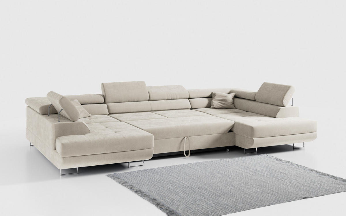WOHNLANDSCHAFT GUSTAW U Beige Velvet - Beige/Silberfarben, Textil/Metall (340/55/205cm) - MKS