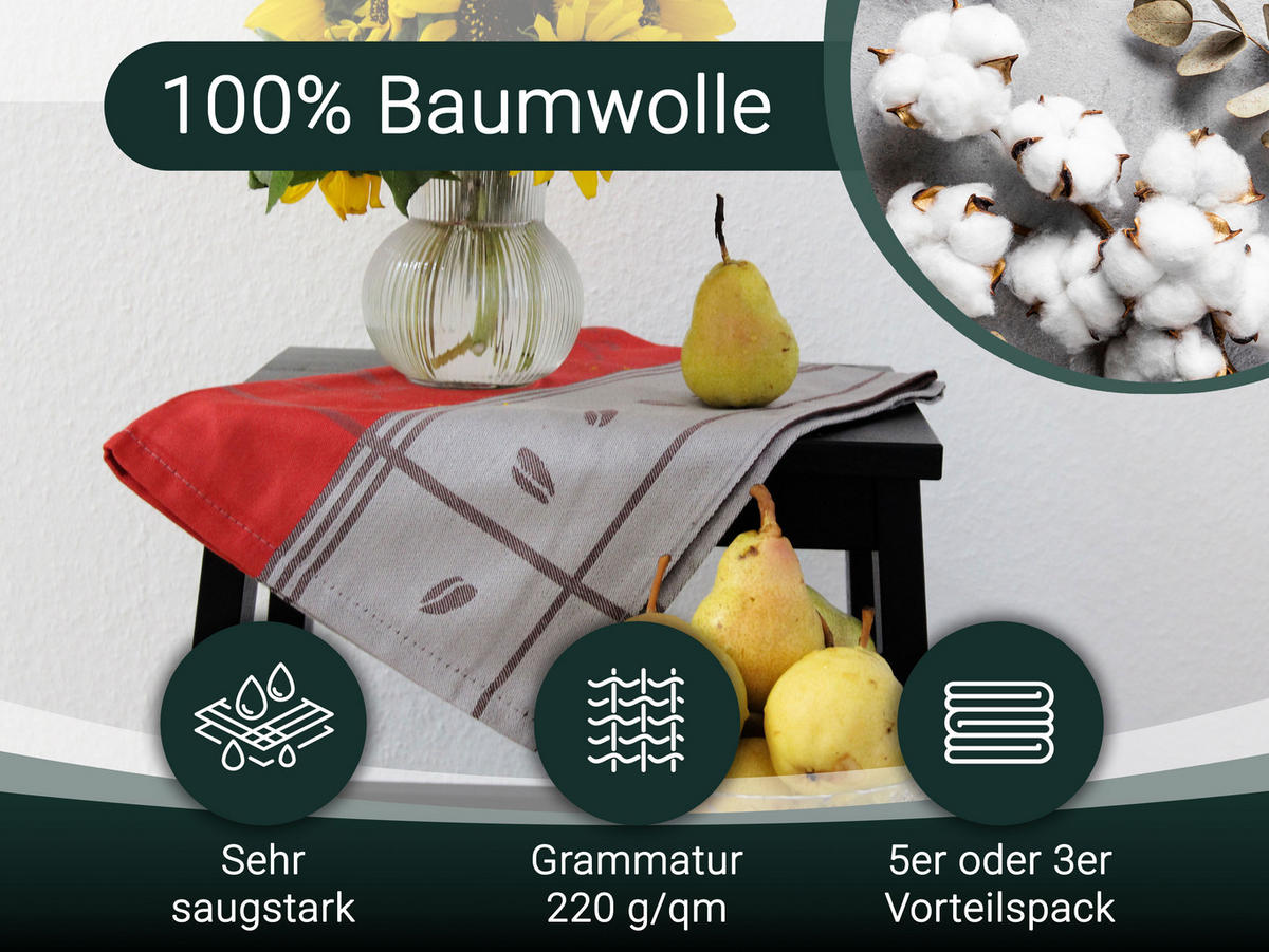 GESCHIRRTÜCHER, 5er-Set, 50x70 cm, 100% Baumwolle, Rot - Rot, Textil (50/70cm) - Zollner