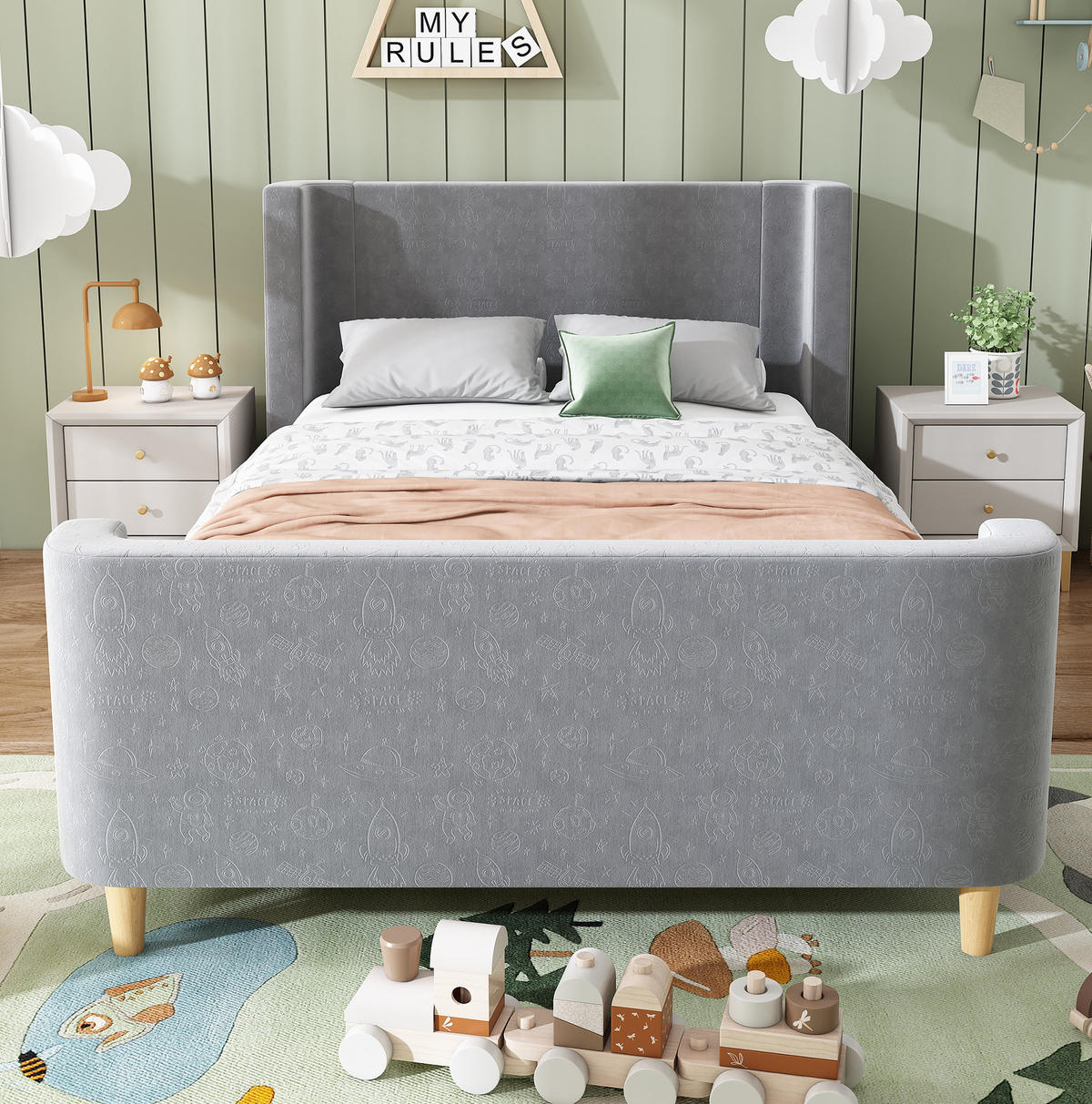 KINDEREINZELBETTEN aus Samt 90x200 cm in Grau mit Weltraummuster - Grau, Textil (90/200cm) - Modfu