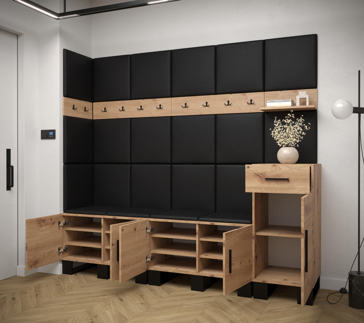 GARDEROBEN-SET 196/210/45,6 - Schwarz/Eiche Artisan, Holz/Kunststoff (210/196/45.6cm) - Abiks Möbel