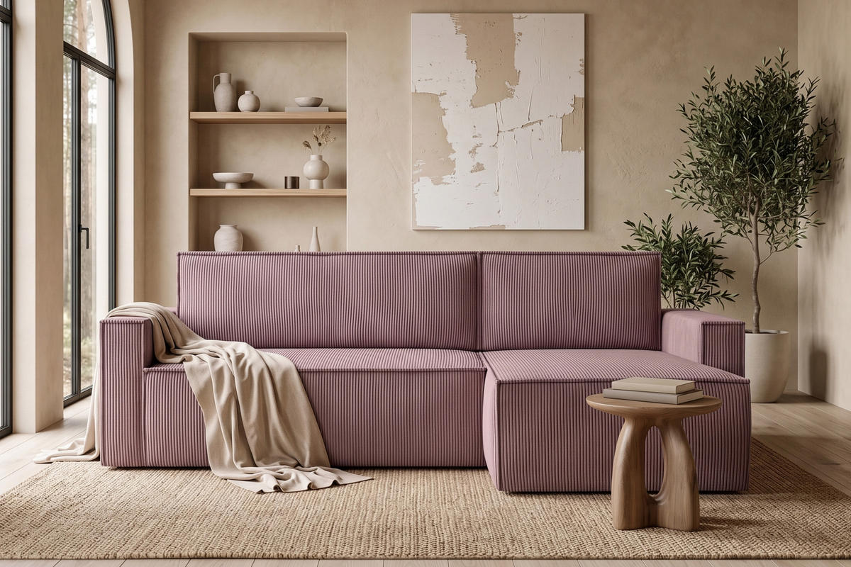 ECKSOFA-LINKS/RECHTS NAPI Schlaffunktion mit Cordbezug, lila - Violett/Schwarz, Textil (246/148cm) - KONSIMO®