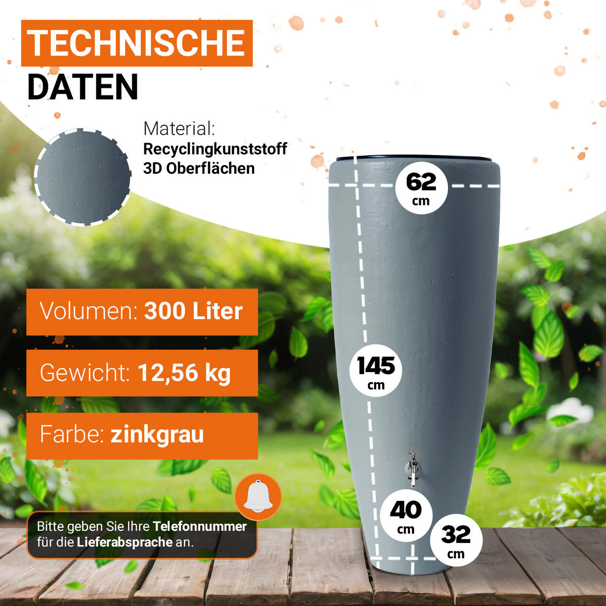2IN1 Regentonnen Komplett-Set 300 L zinkgrau - Hellgrau, Kunststoff (62/145/62cm) - GARANTIA