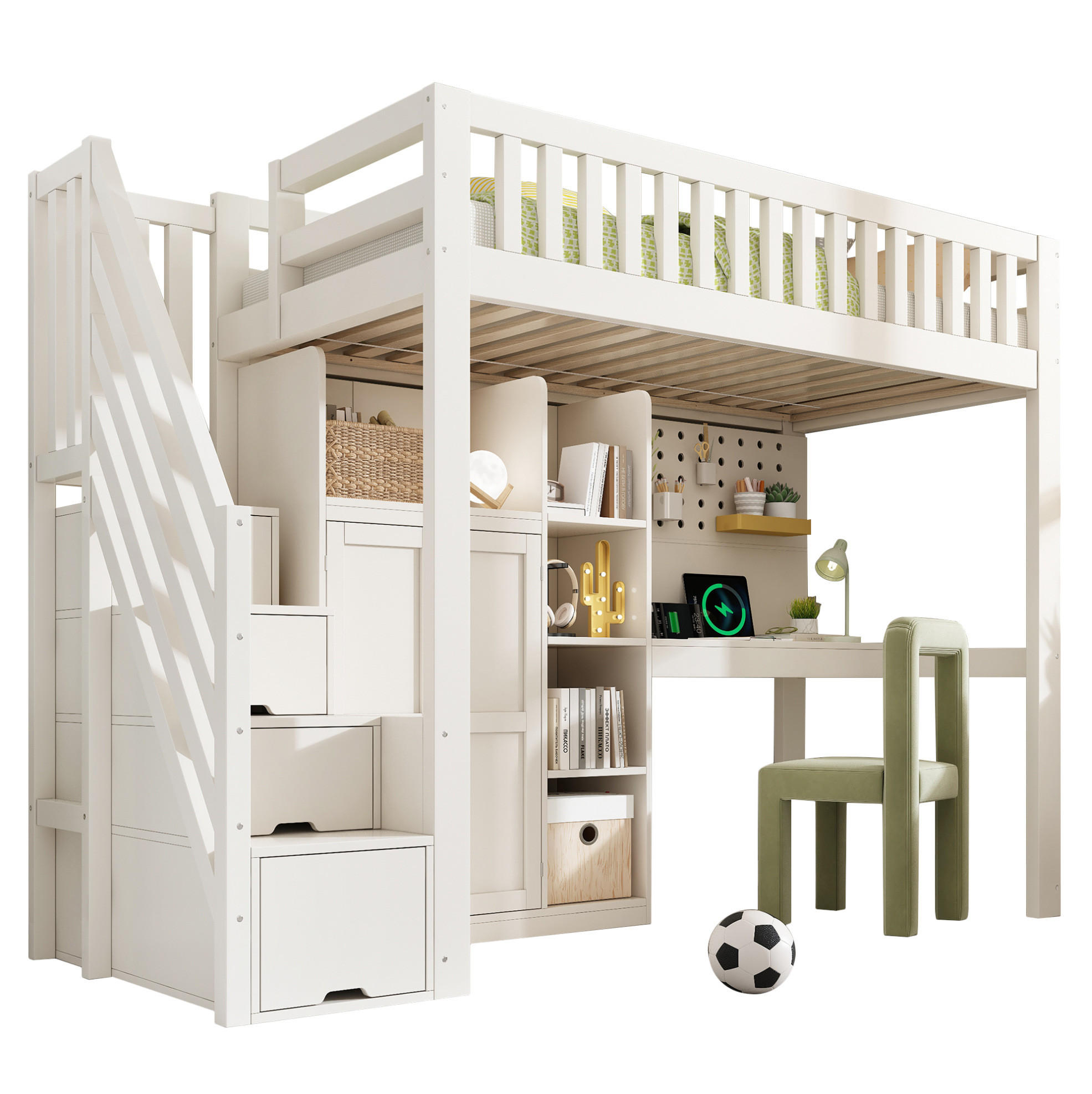 HOCHBETT 90/200 cm in Weiß mit Schreibtisch, Schrank und Lattenrost - Weiß, Holzwerkstoff (90/200cm) - BEAOK