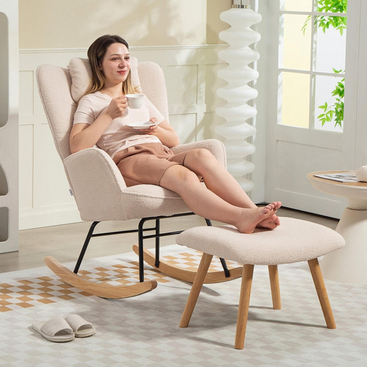 SCHAUKELSTUHL mit Hocker Polyester-Fleece, Metallgestell 70,5/101,5/99,5 cm Beige - Beige, Textil (70.5/99.5/101.5cm) - Redom