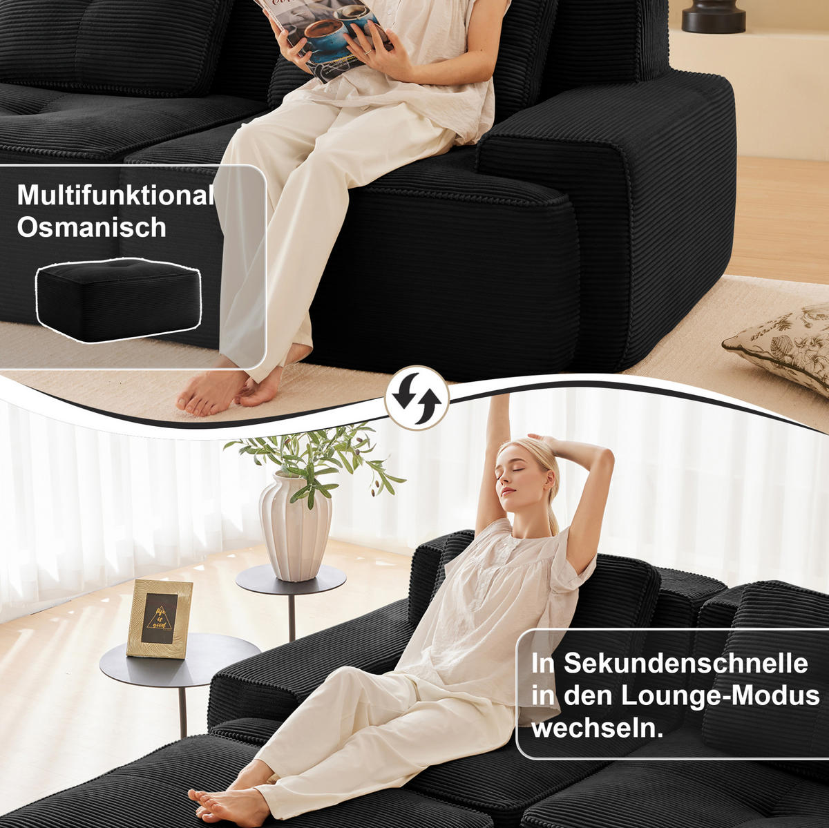 ECKSOFA 293/104/69 cm schwarz aus Cord ohne Montage - Schwarz, Textil (177/293cm) - OKWISH