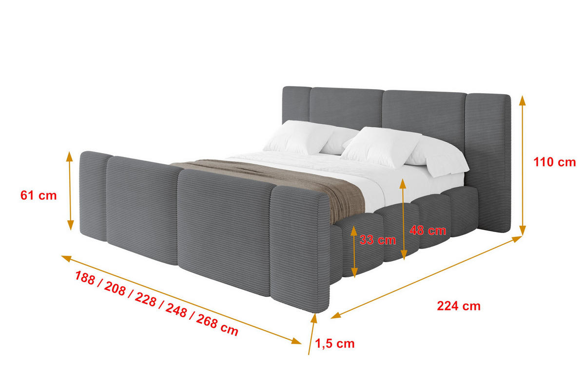 POLSTERBETT mit Bettkasten, Fußteil und Lattenrost, Bett mit Matratze H3/H4 - NILO-Z 200x200 Dunkelgrau - Graphitfarben, Holzwerkstoff/Textil (200/200cm) - ALTDECOR