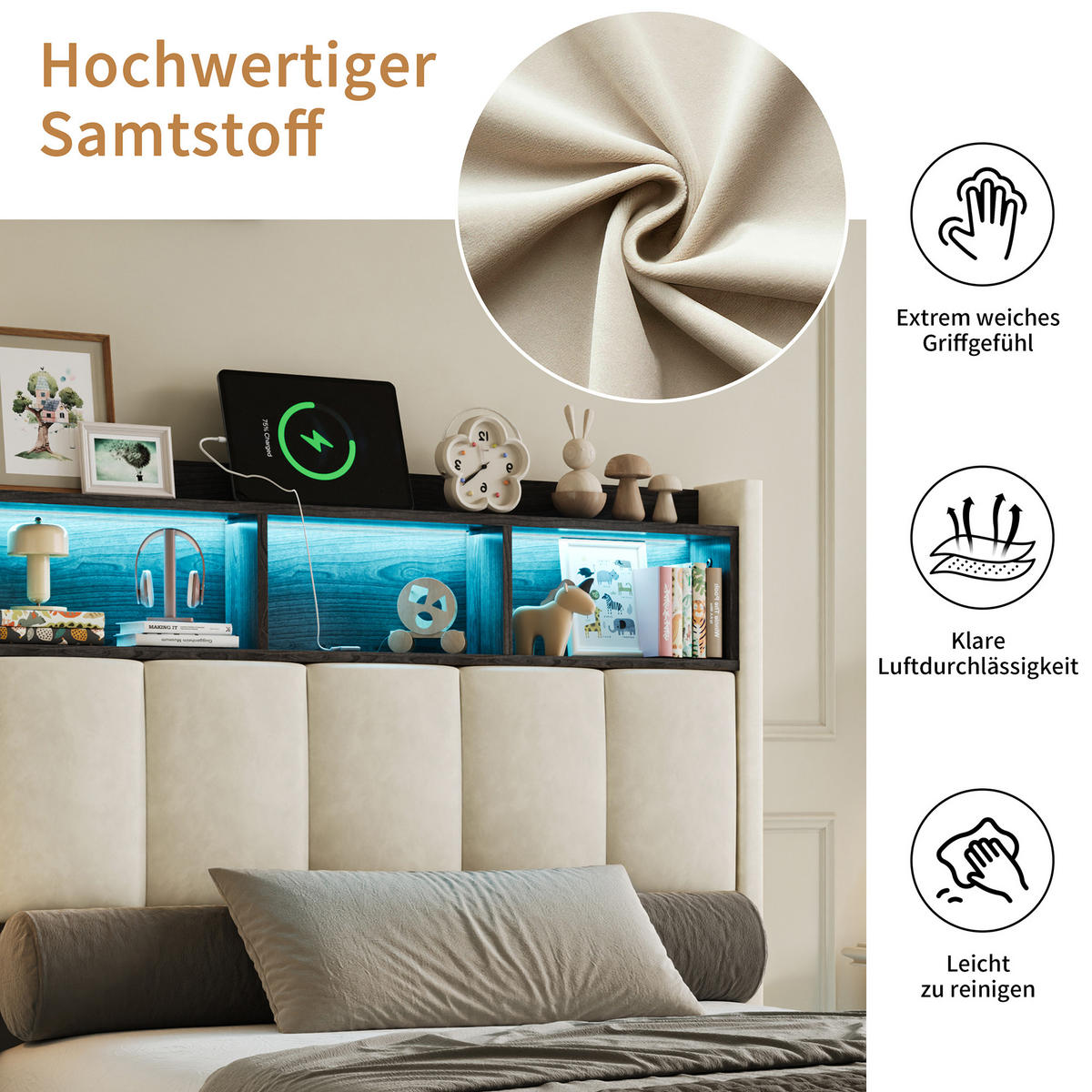 POLSTERBETT 90x200 cm Samt mit LED Kopfteil, Lattenrost und USB Typ-C Funktion - Weiß, Holzwerkstoff (90/200cm) - Novahome