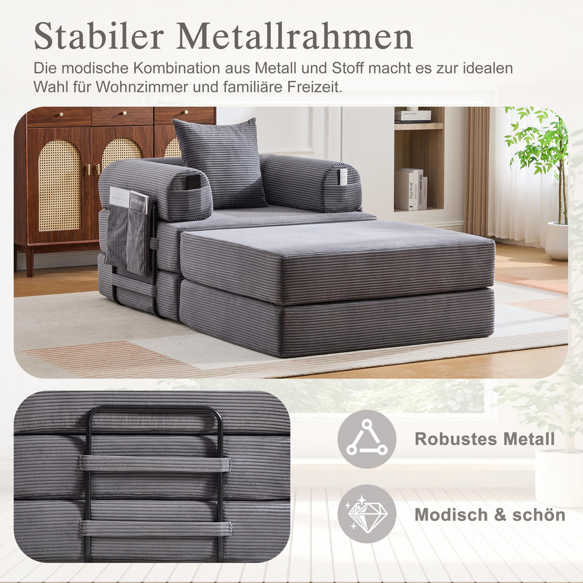 SOFA Cord Dunkelgrau mit Hocker, Kissen und Seitentasche - Dunkelgrau, Textil/Metall (112/67/190cm) - WISHDOR