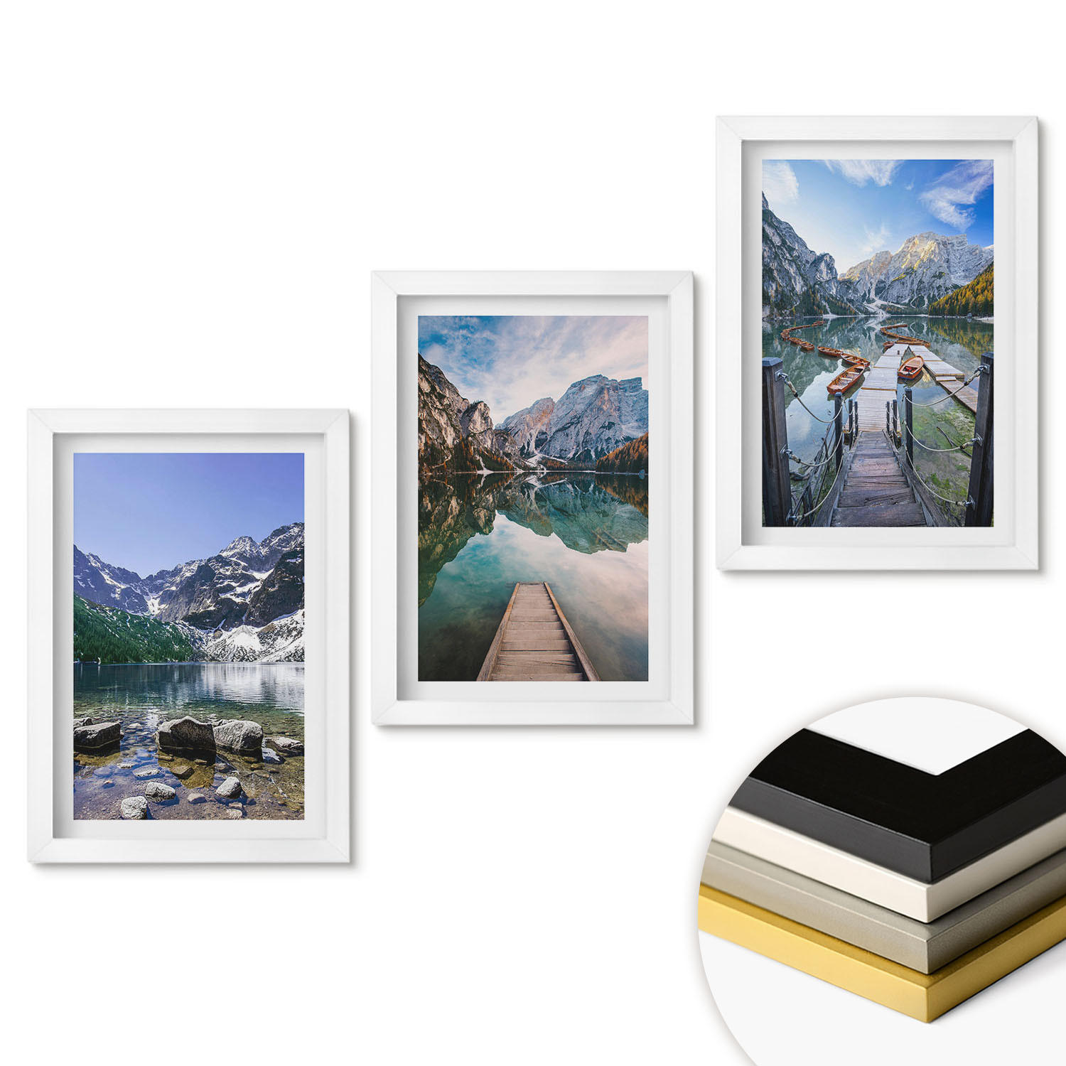 WANDBILDER 3er-Set - 20x30 cm Weißer Rahmen - Berge, Seen, Holzstege - Weiß, Kunststoff (20/30cm) - ArtPrintCave