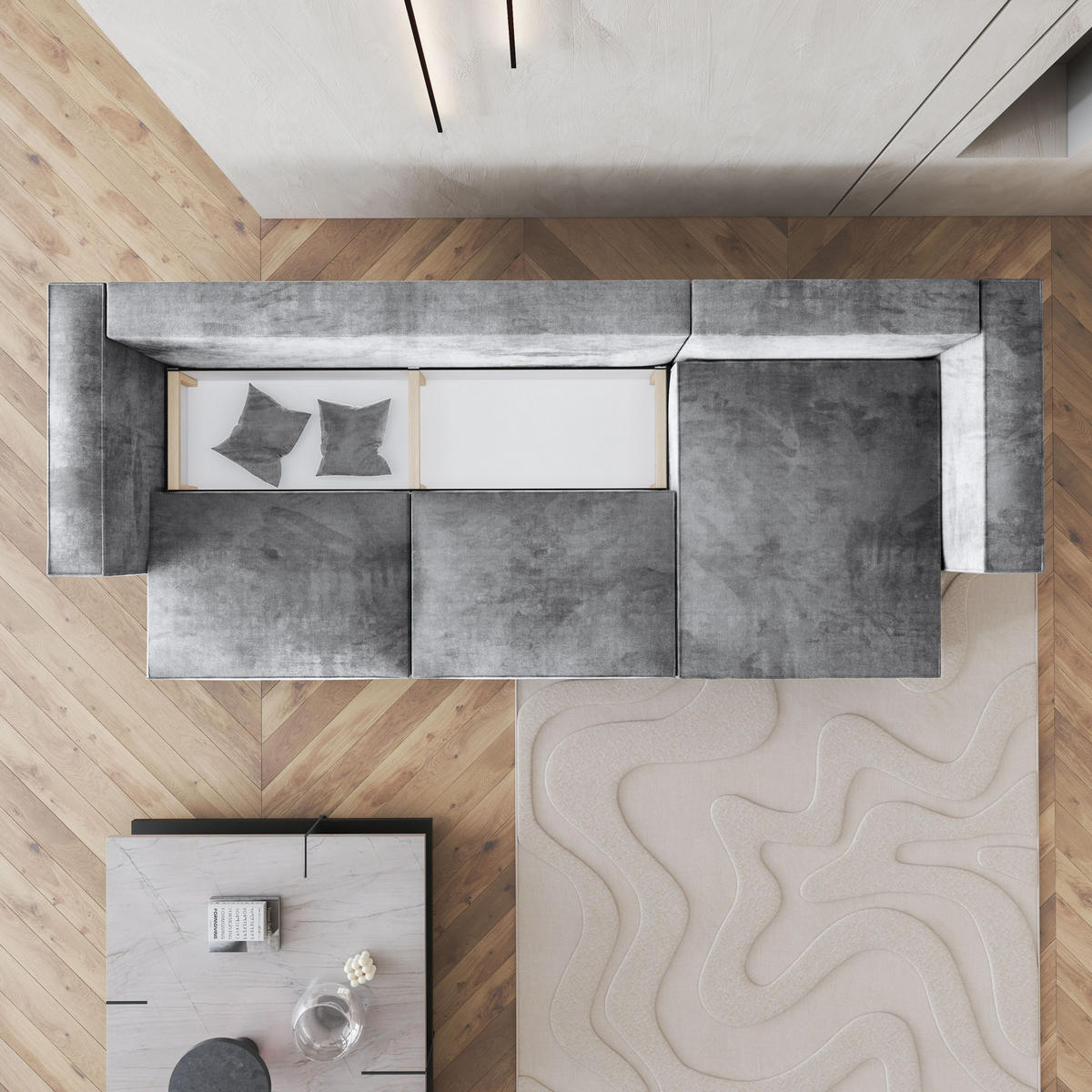 ECKSOFA TOLMO M Hellgrau Velours-Stoff mit Schlaffunktion - Hellgrau, Holz (347/148cm) - MASSENO