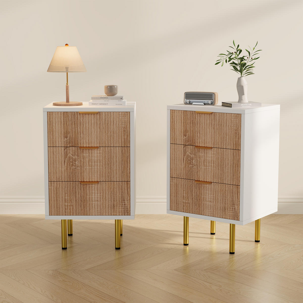 NACHTTISCH 2er Set 3 Schubladen Holz weiß Holzoptik - Weiß, Holz (40/65/40cm) - LEBENLANG