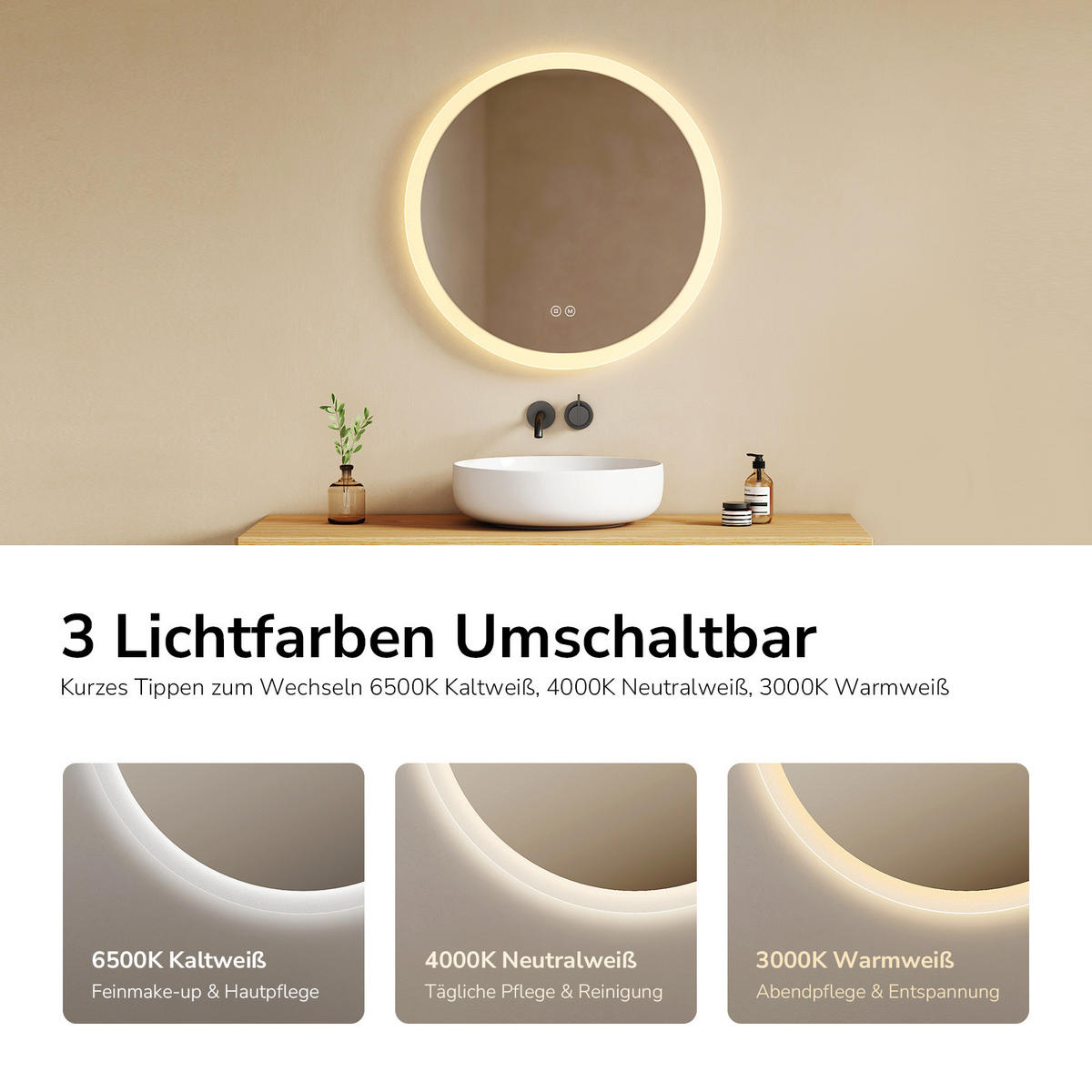BADSPIEGEL Rund mit LED-Beleuchtung Lichtrand, 3 Lichtfarben, beschlagfrei, Ø 50 cm - Transparent, Glas (50/50/3.5cm) - EMKE