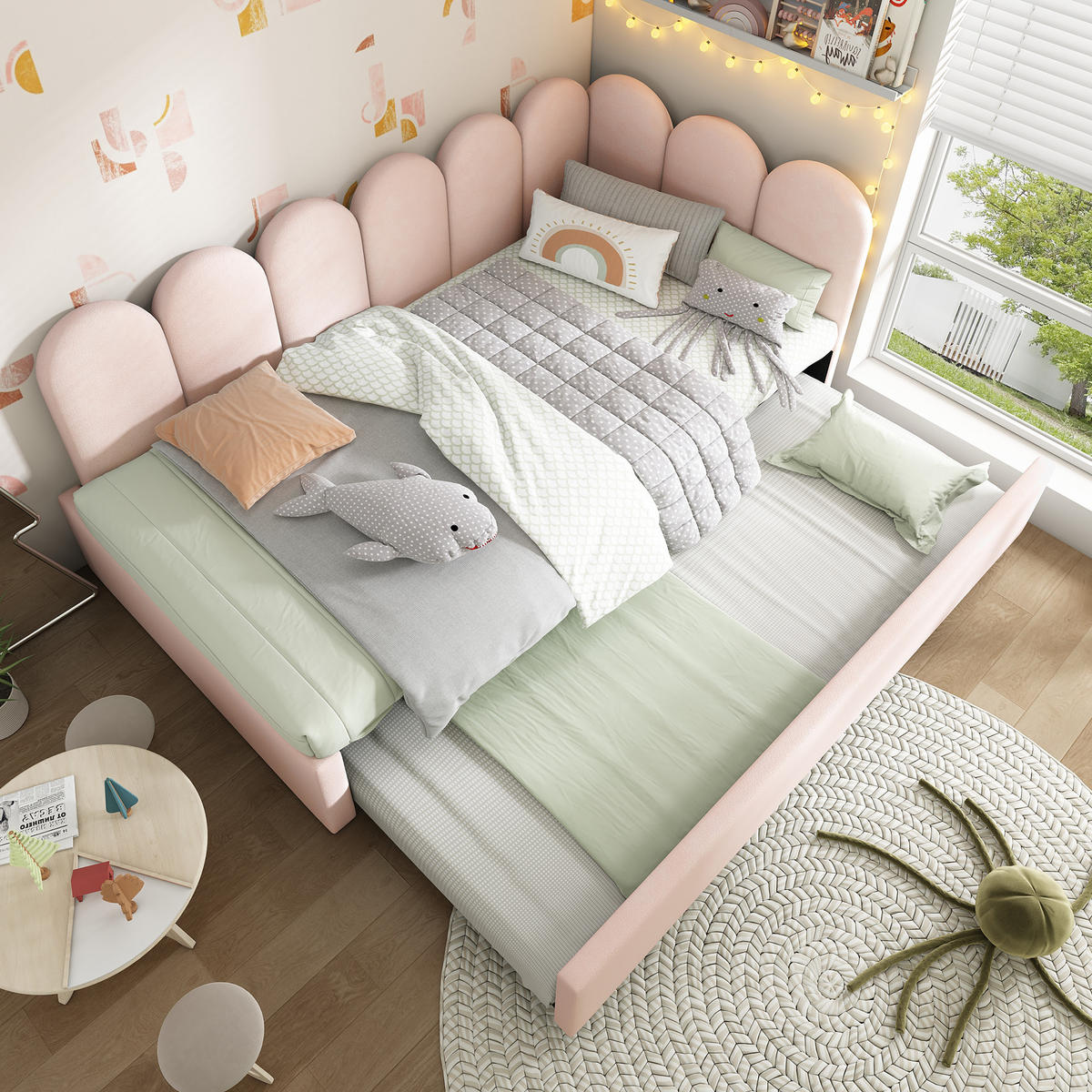 POLSTERBETT 90/200 cm mit Ausziehbett, verspieltem Gitter-Design und Samtbezug, Rosa - Rosa, Textil (90/200cm) - Redom