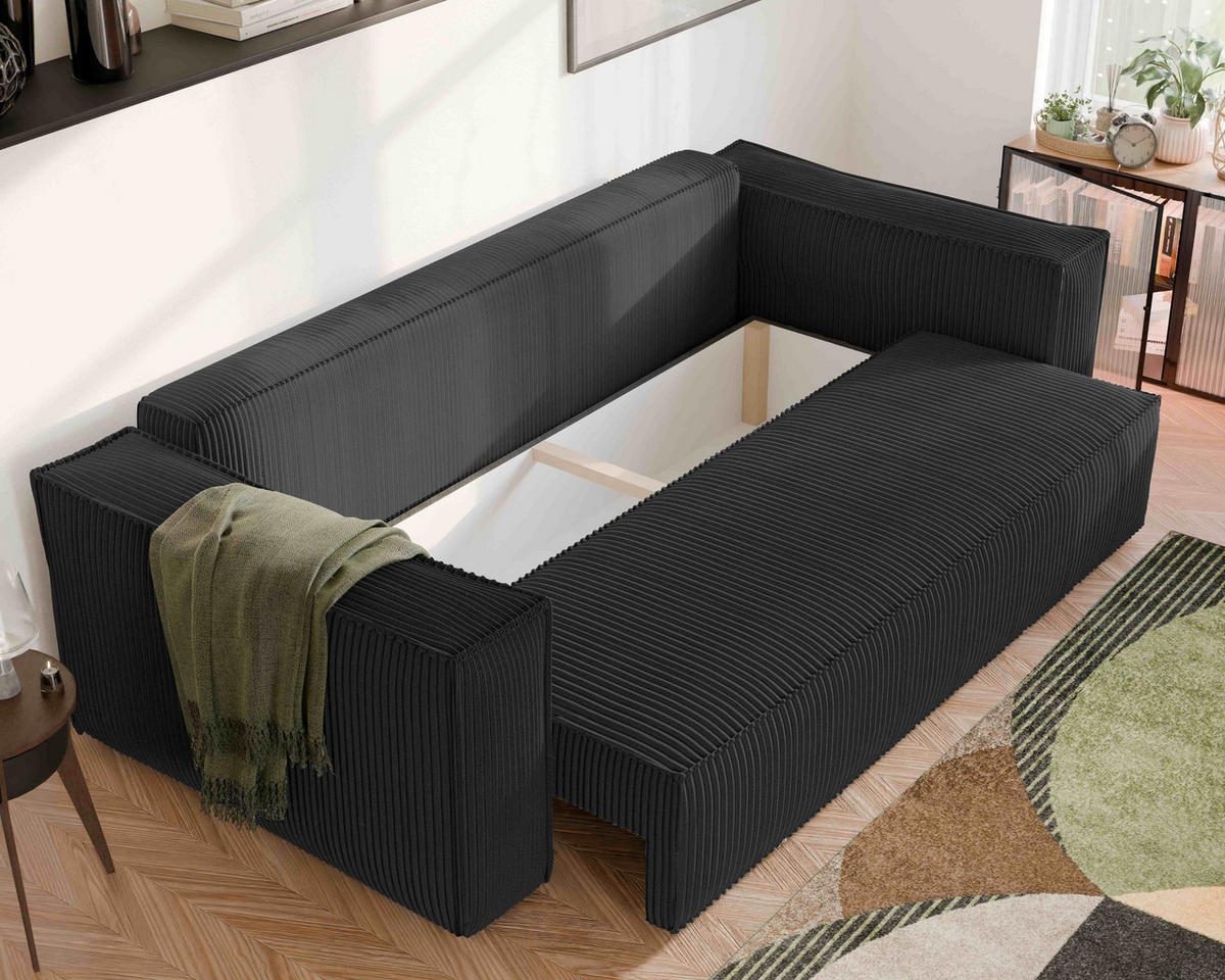 SOFA mit Schlaffunktion und Bettkasten, Schwarz - Schwarz, Holzwerkstoff/Textil (240/84/105cm) - Idohome
