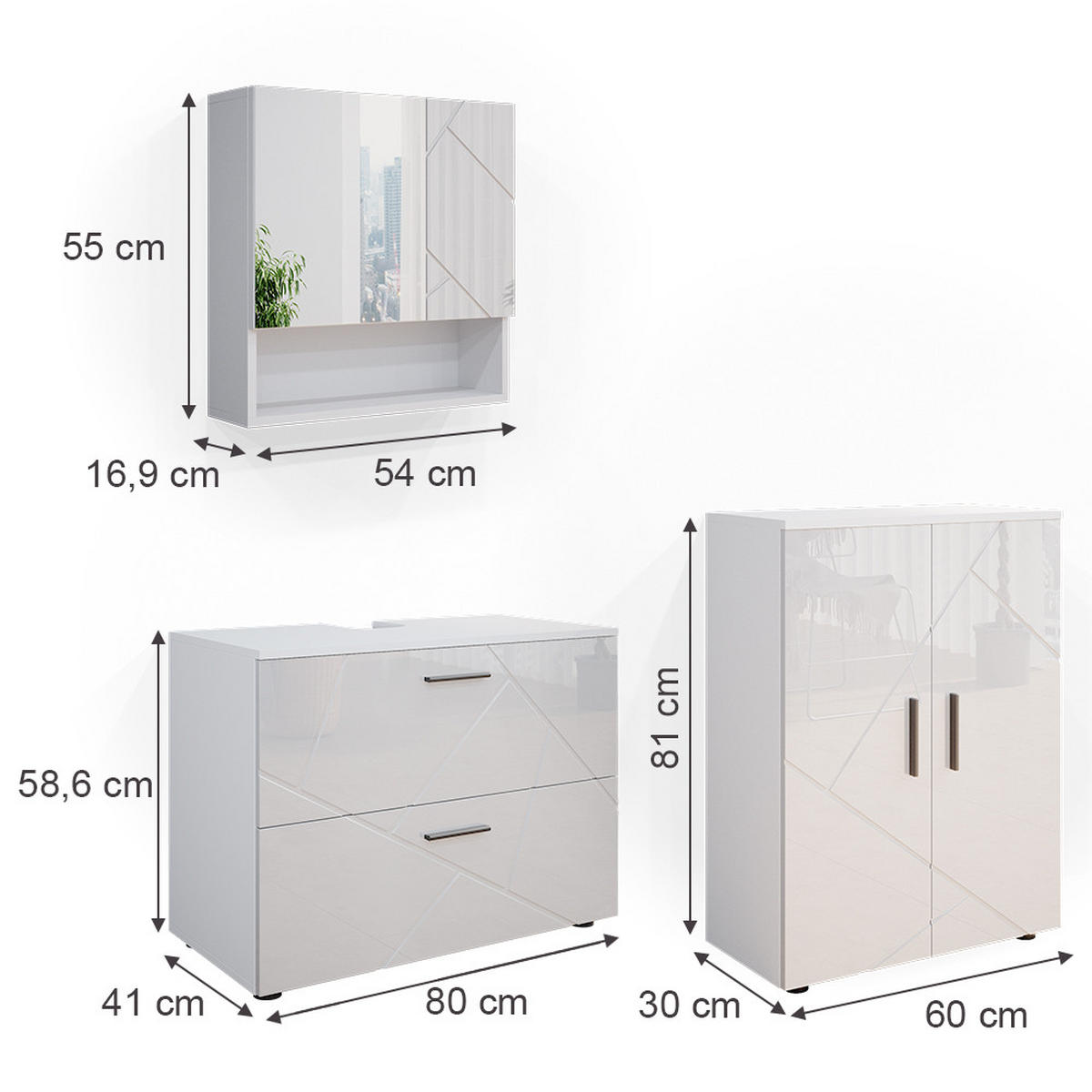 BADMÖBEL-SET Irma Weiß Hochglanz 3 Teile, mit Unterschrank 80 cm - Weiß Hochglanz/Weiß, Holzwerkstoff (80/58/41cm) - Vicco