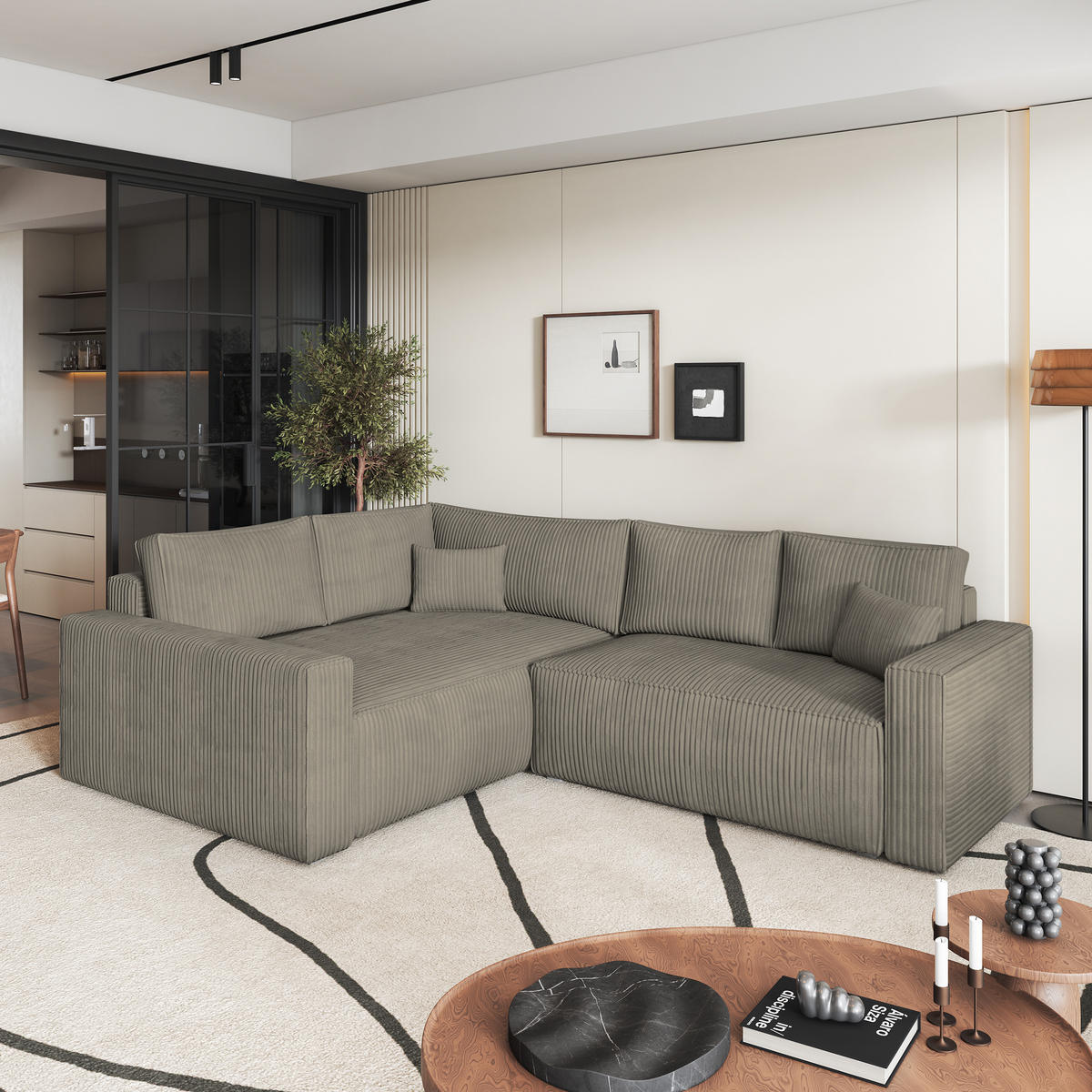 ECKSOFA ERONIS L-S Beige Kordstoff mit Schlaffunktion - Beige, Holz (265/194cm) - MASSENO