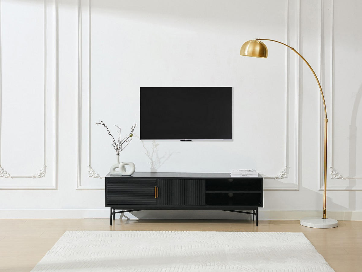 TV-MÖBEL mit 2 Türen & 2 Ablagefächern - Eichenfurnier & Metall - Schwarz & Goldfarben - SIRIOLA - Schwarz, Metall (40/50/160cm) - Vente-Unique