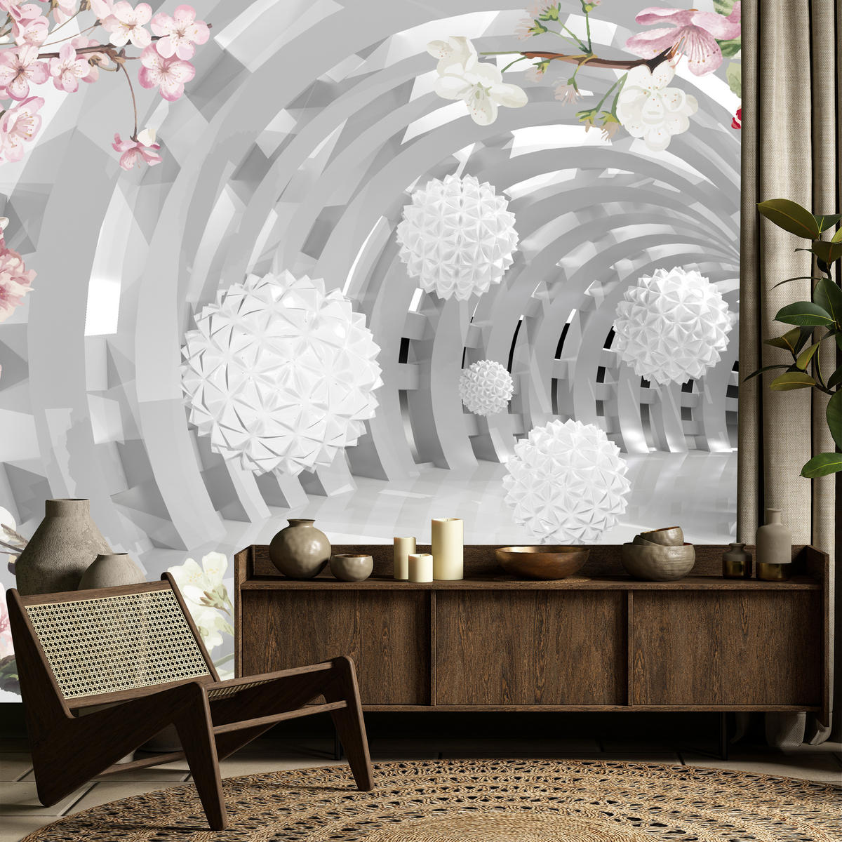 FOTOTAPETE für Wohnzimmer Tunnel mit BLUMEN KUGELN Floral Perspektive 500x350 - Rosa/Weiß, Papier (500/350cm) - Muralo