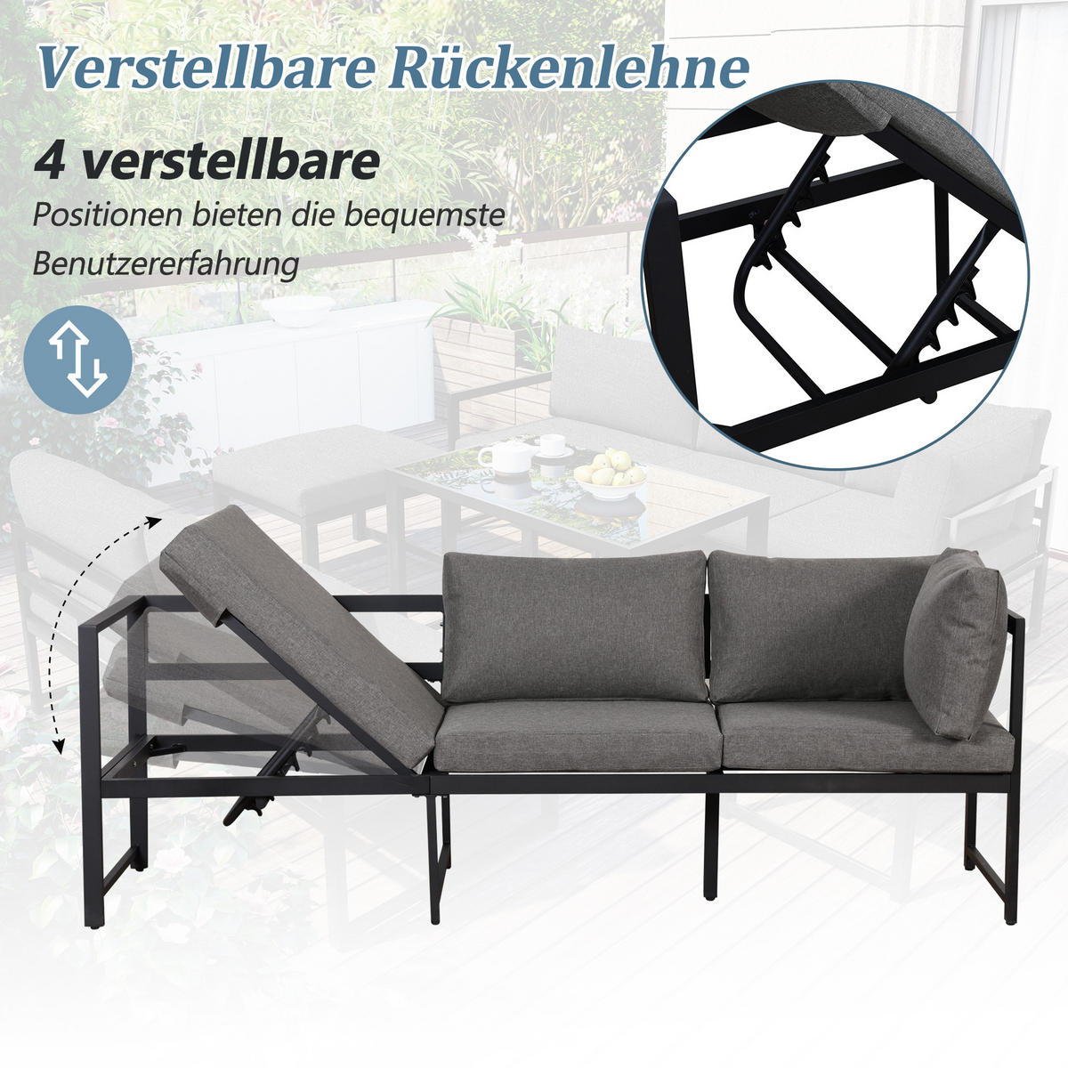 GARTEN-LOUNGE-SET Aluminium mit verstellbarer Rückenlehne, Tisch & Hocker, 199/60/66 cm, Schwarz/Grau - Grau, Metall - Redom