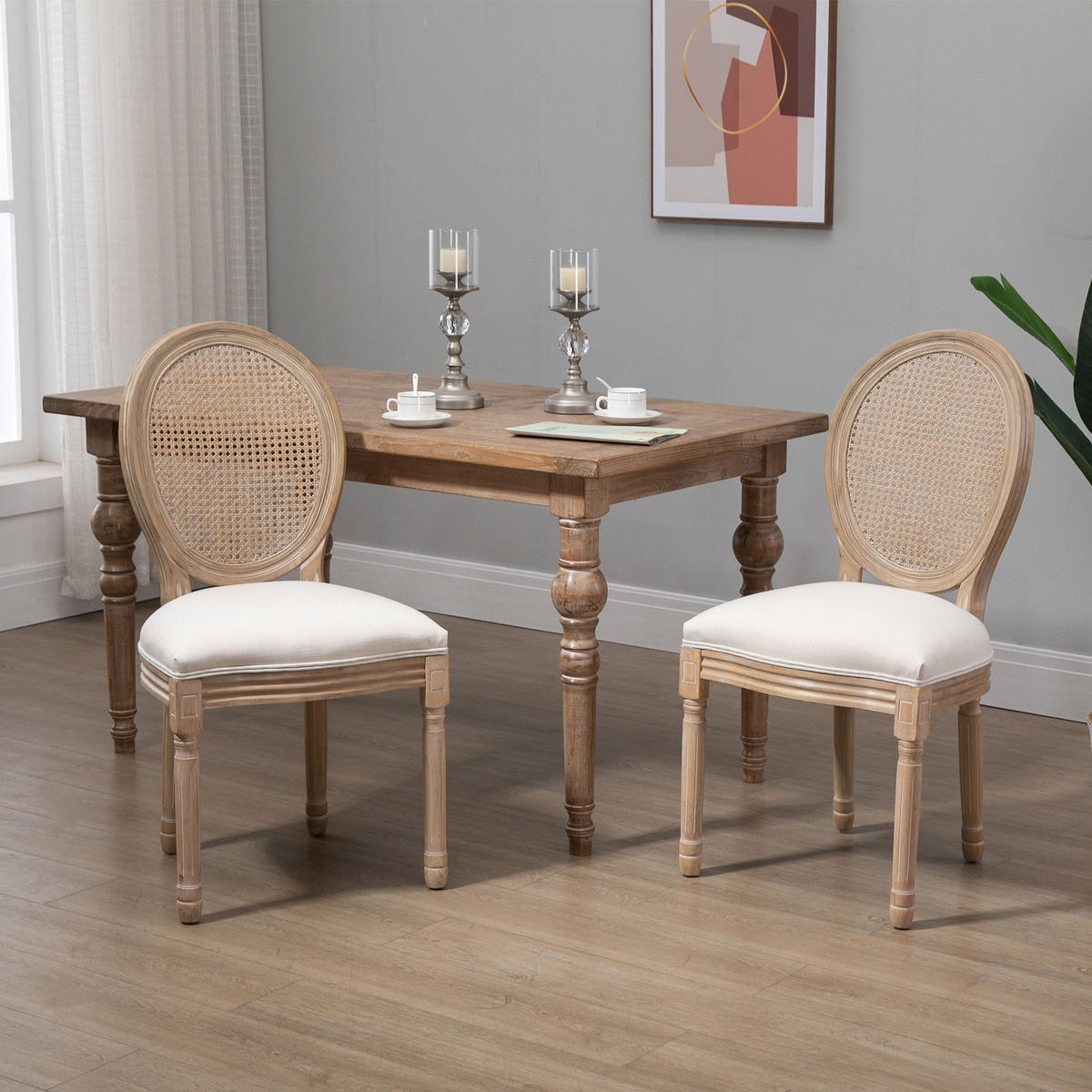 2ER Set Esszimmerstühle Küchenstuhl mit Rattan-Rückenlehne Linen-Touch - Creme/Naturfarben, Holz/Textil (56/96/49cm) - HOMCOM