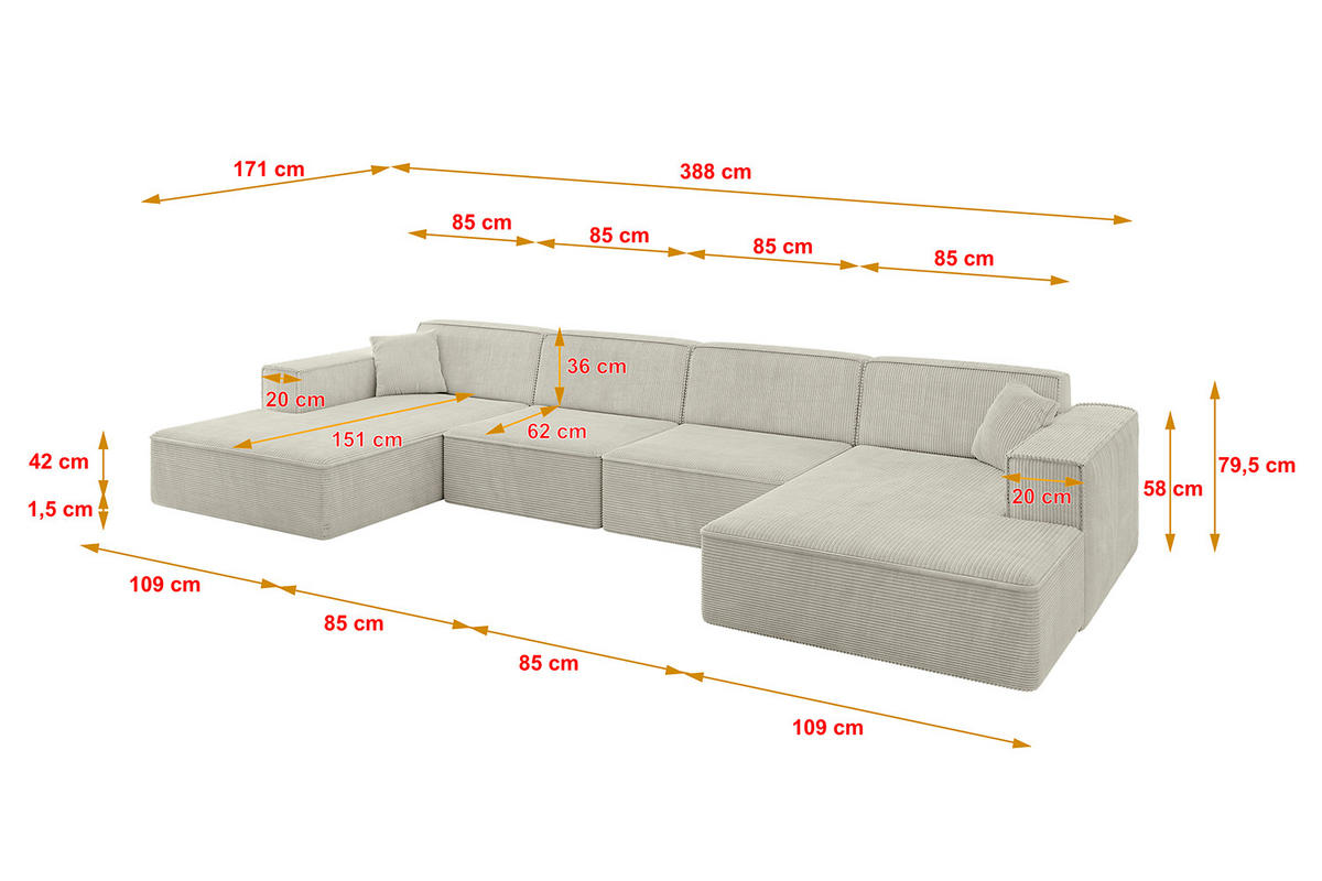 WOHNLANDSCHAFT IREA-U2-v4 - 388x171x79 cm Hellgrau - Ecru, Holzwerkstoff/Textil (388/79/171cm) - ALTDECOR