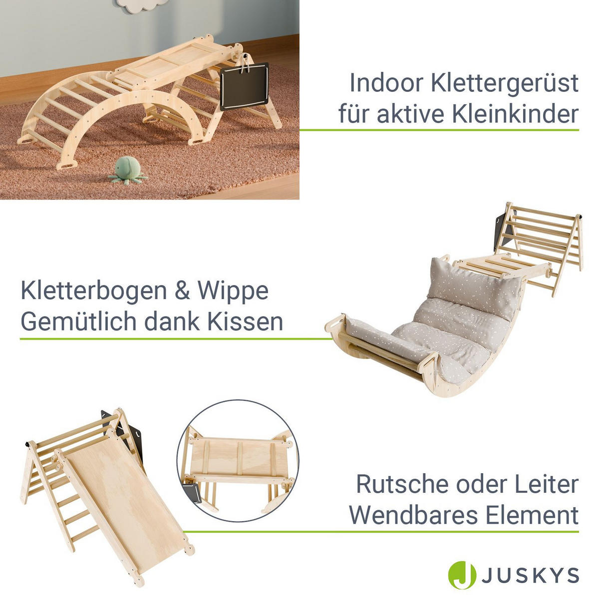 KLETTERDREIECK Movario mit Kissen 80x50cm - Klein - Naturfarben, Holz (54/55/54cm) - Juskys