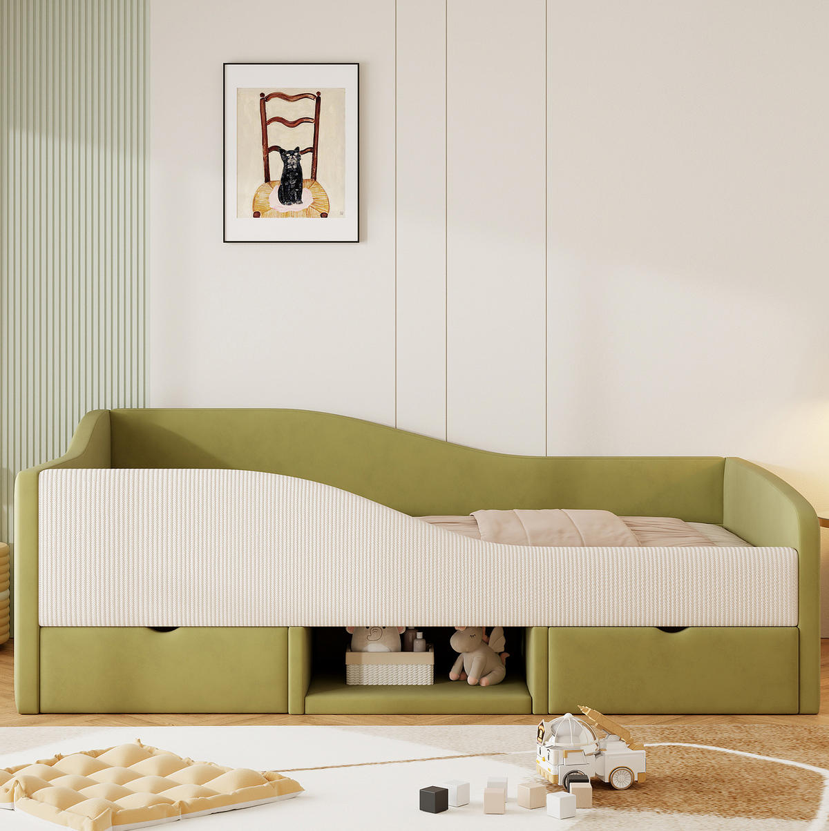 ČALÚNENÁ posteľ z velúru 90x190 cm zelená a ivory s úložným priestorom, bočnicami a roštom - zelená, textil (90/190cm) - Modfu