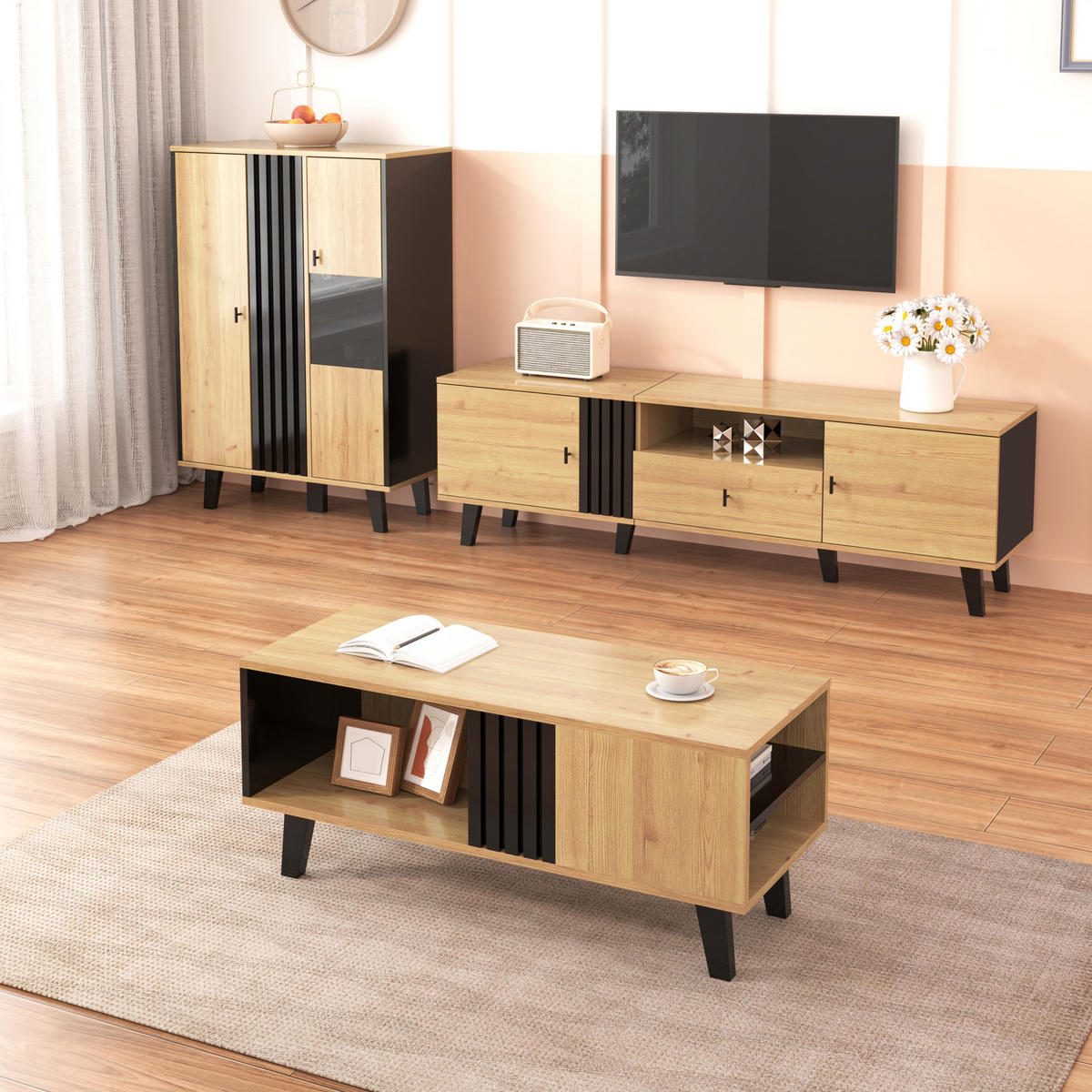 WOHNZIMMER-SET 3-teilig Holz Schwarz TV Couchtisch Sideboard - Multicolor, Holzwerkstoff (170/50.5/40cm) - FLIEKS