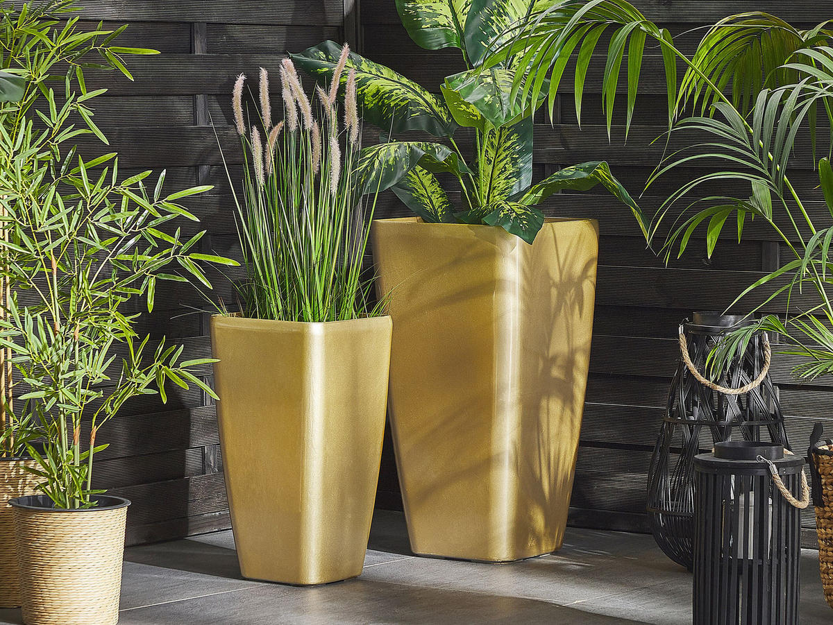 BLUMENTOPF 2er-Set gold rechteckig 30/30/57 cm Modi - Goldfarben, Stein (57cm) - Beliani