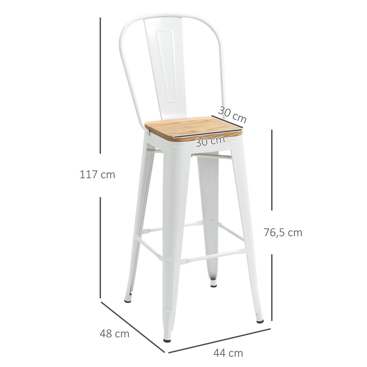 BARHOCKER 4er-Set DE-14711 industriell mit Rückenlehne & Fußstütze Weiß - Creme, Metall (48/117/44cm) - ComfortXL