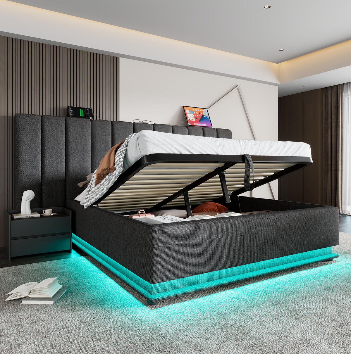 OBLAZINJENA postelja 180/200 cm z LED osvetlitvijo, USB-C polnjenjem in hidravličnim prostorom za shranjevanje, Siva - siva, tekstil (180/200cm) - Redom