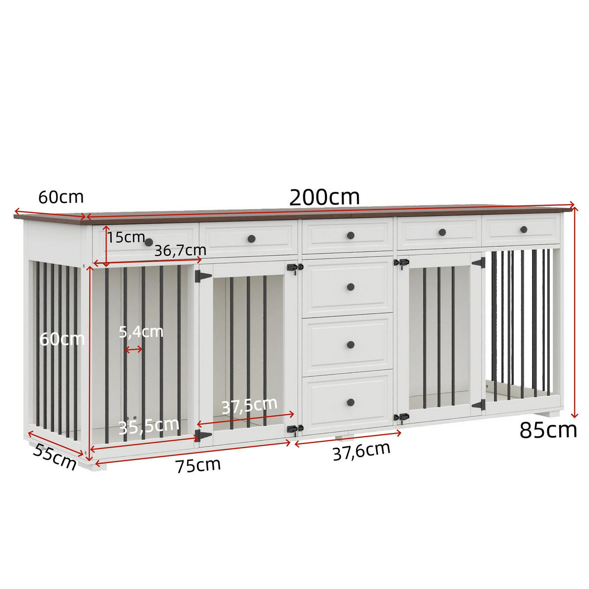 SIDEBOARD Weiß 200×60×85 cm aus MDF und Metall mit acht Schubladen und getrennten Staubereichen - Weiß, Holzwerkstoff (200/85/60cm) - Luhomfu