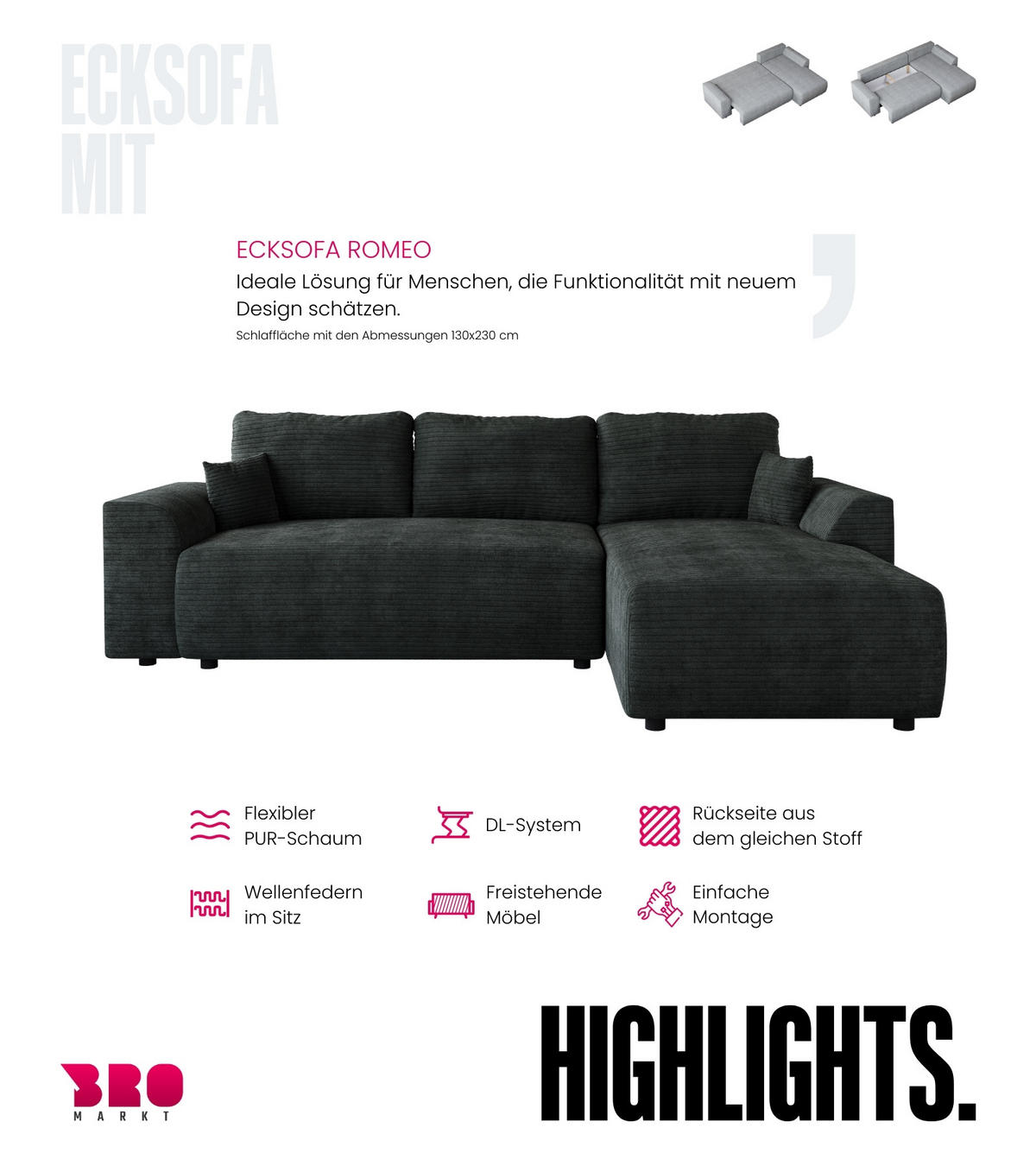 ECKSOFA Romeo mit Schlaffunktion Dunkelgrau - Dunkelgrau, Textil (285/185cm) - Bromarkt
