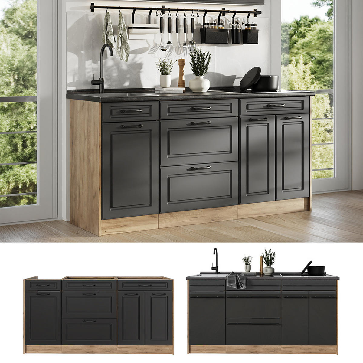 KÜCHENBLOCK R-Line, Anthrazit Landhaus/Goldkraft Eiche, 160 cm Arbeitsplatte Anthrazit - Eichefarben/Anthrazit, Holzwerkstoff (160/81.6/60cm) - Vicco