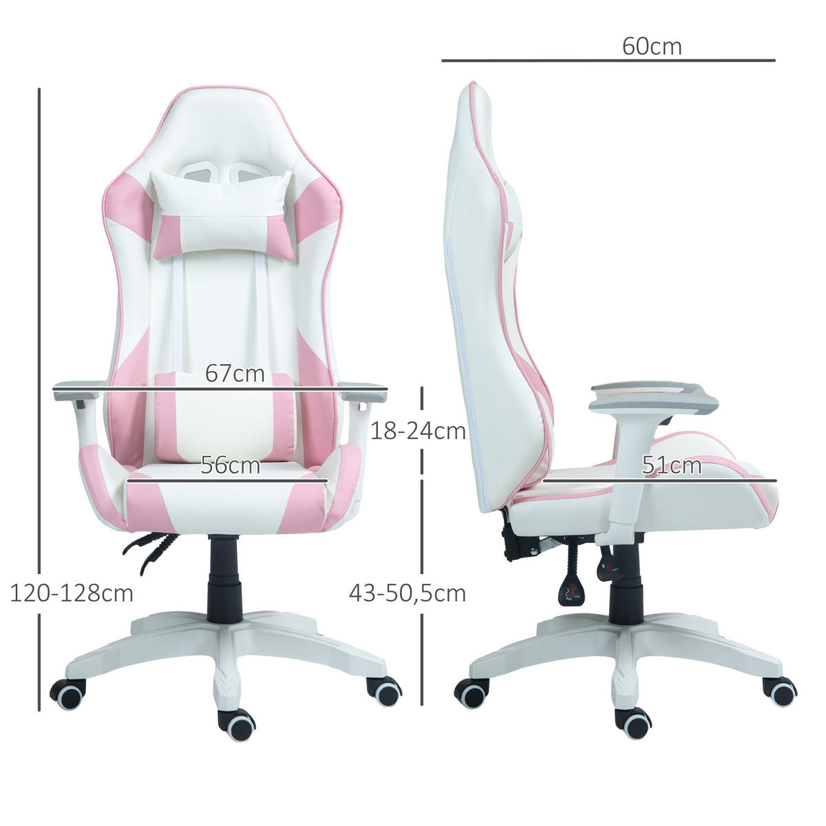 GAMING Stuhl, 3D Armlehne, Rosa - Rosa, Leder (60/128/67cm) - HOMCOM