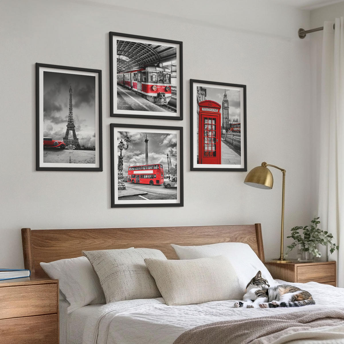 WANDBILDER 4er-Set - 50x50 cm & 40x60 cm Schwarzer Rahmen - Ikonische Städte London Paris Eisenbahn - Schwarz, Kunststoff (50/50cm) - ArtPrintCave