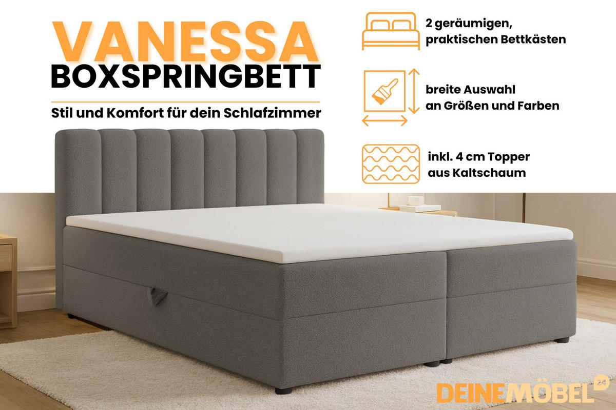 BOXBETT VANESSA 140/200 in Boucle Grau H4 - Grau, Holz/Holzwerkstoff (140/200cm) - Deine Möbel 24
