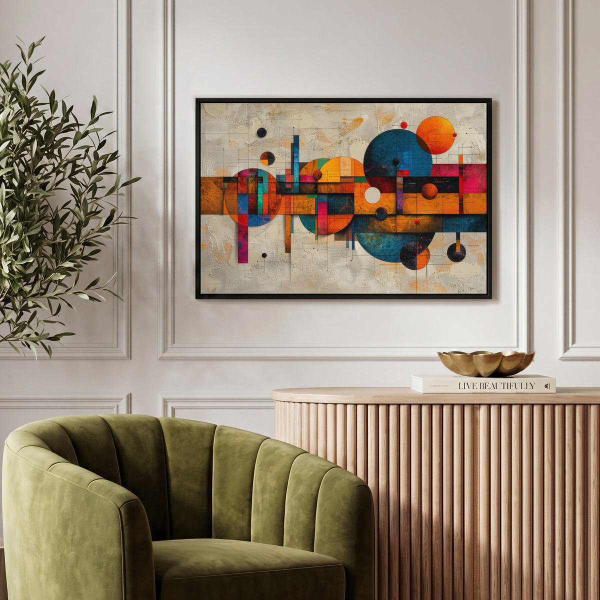 LEINWAND Bilder mit Rahmen - Vintage - Moderne Kunst - Orange - Geometrische Formen - 60x40 - Multicolor, Textil (60/40cm) - MuchoWow