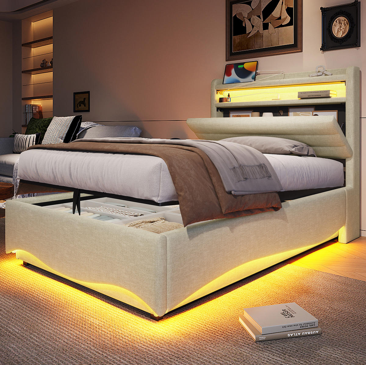 POLSTERBETT mit Stauraum und LED 90x200 cm Leinen Beige - Beige, Metall (90/200cm) - Meubliv