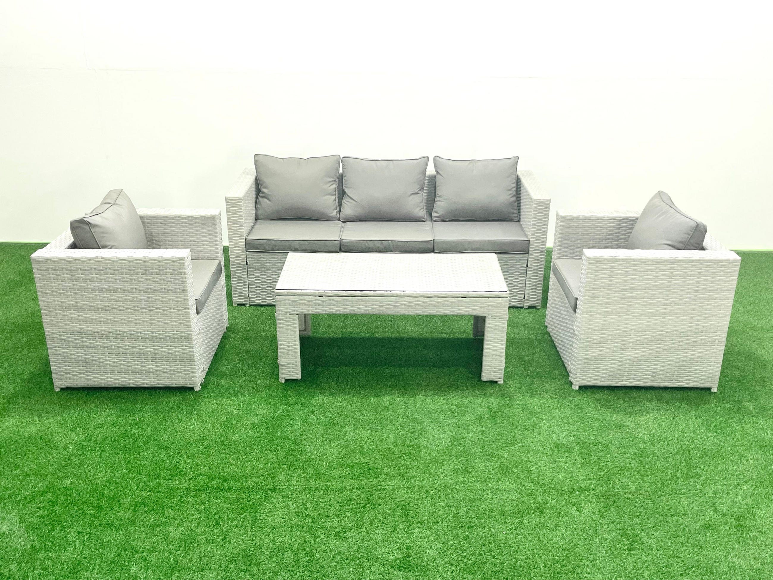 GARTENSET mit 3-SITZER SOFA,COUCHTISCH Polyrattan Hellgrau-Mix 5-Sitzer - Hellgrau/Grau, Glas/Kunststoff - Fimous