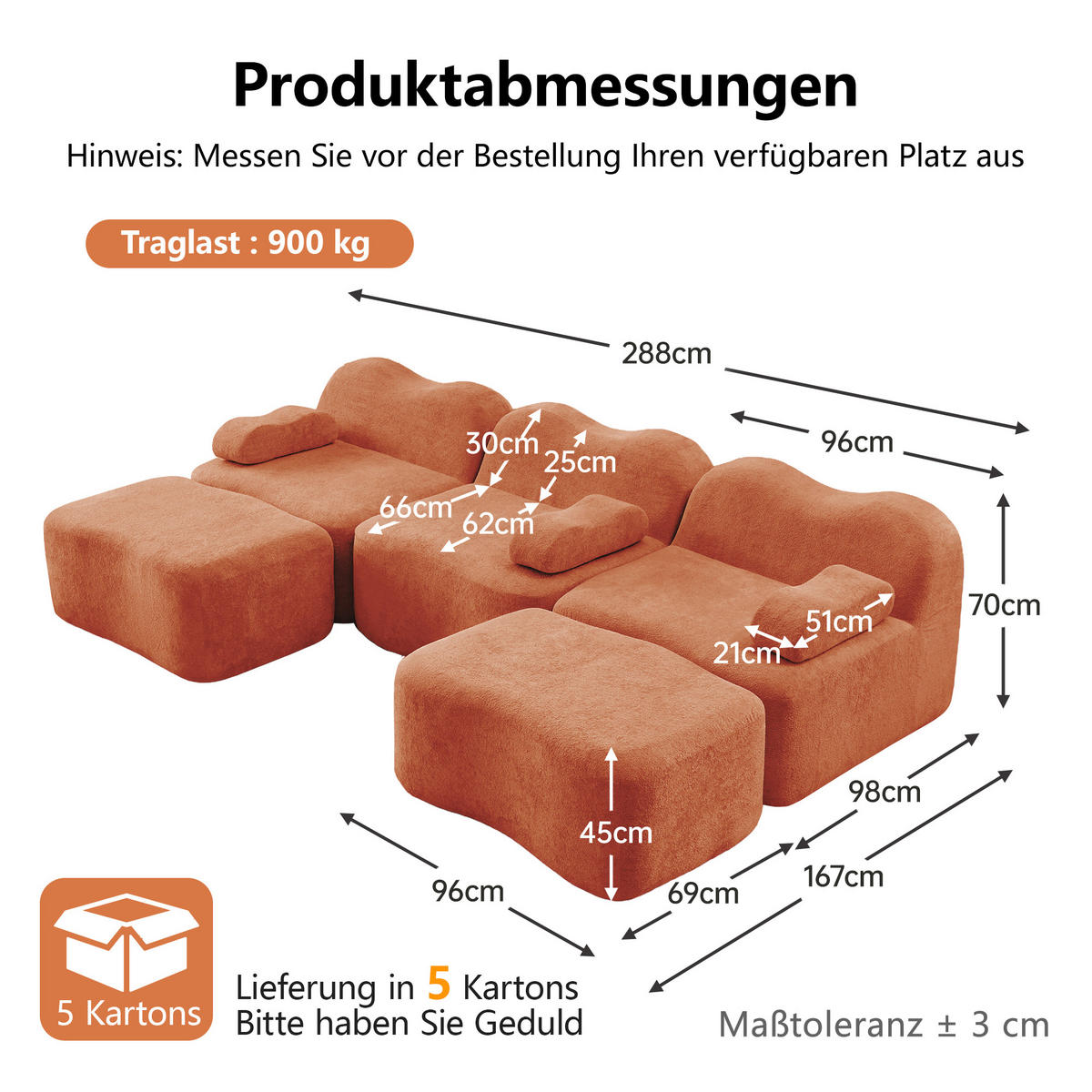WOHNLANDSCHAFT DE-34348 3-Sitzer mit 2 Ottomans Orange - Orange, Textil (167/70/288cm) - ComfortXL