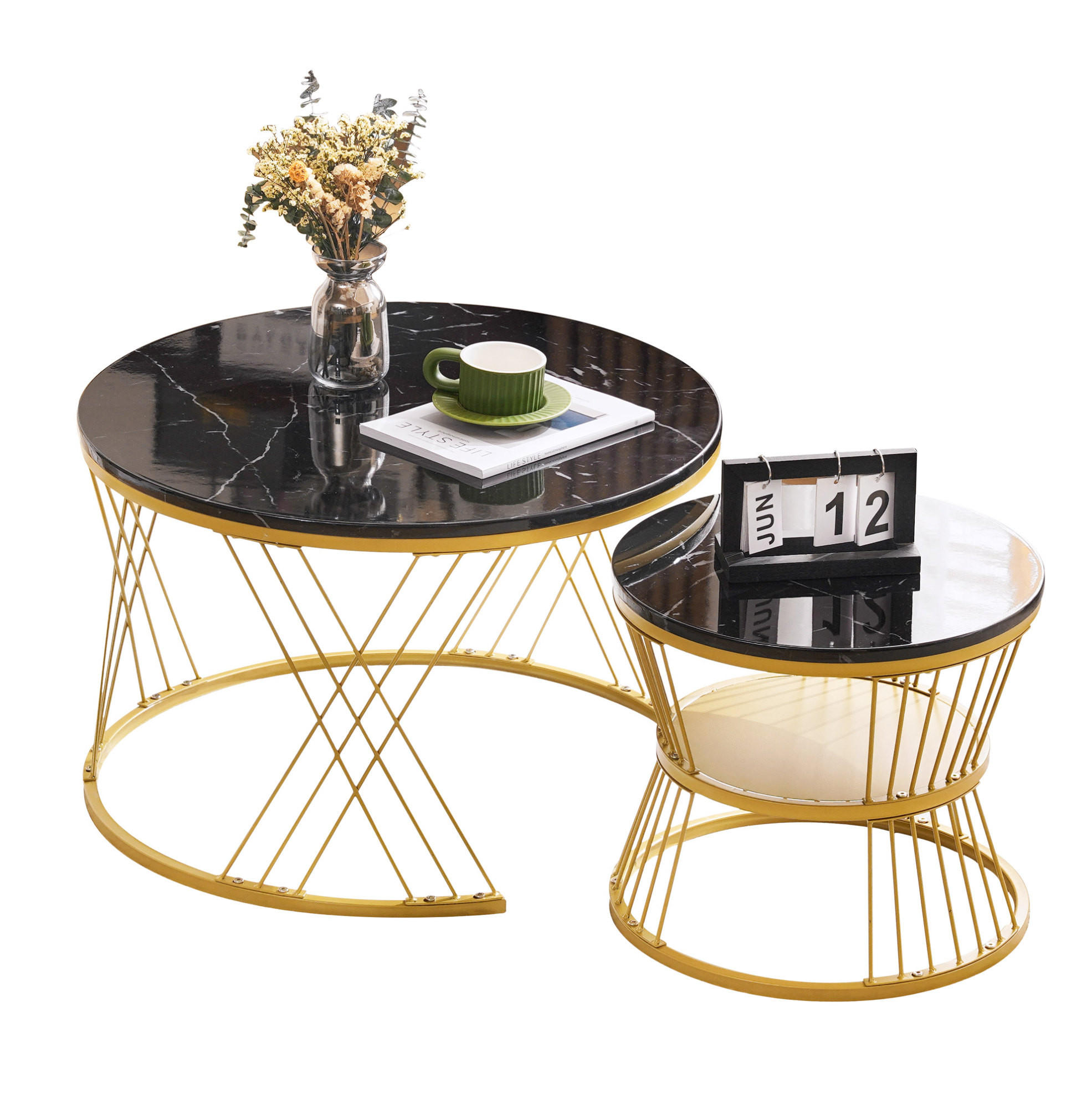 COUCHTISCH-SET 70/70/47 cm & 45/45/40 cm in Marmoroptik mit Goldgestell - Schwarz, Holzwerkstoff (70/70/45cm) - Flora Grace